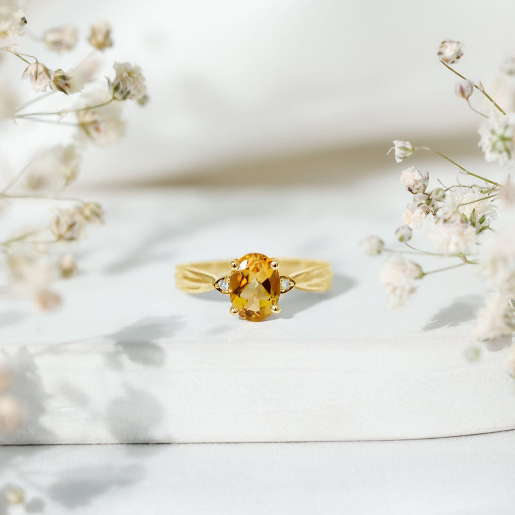 Oval Cut Real Citrine Solitaire Ring with Engraved Details