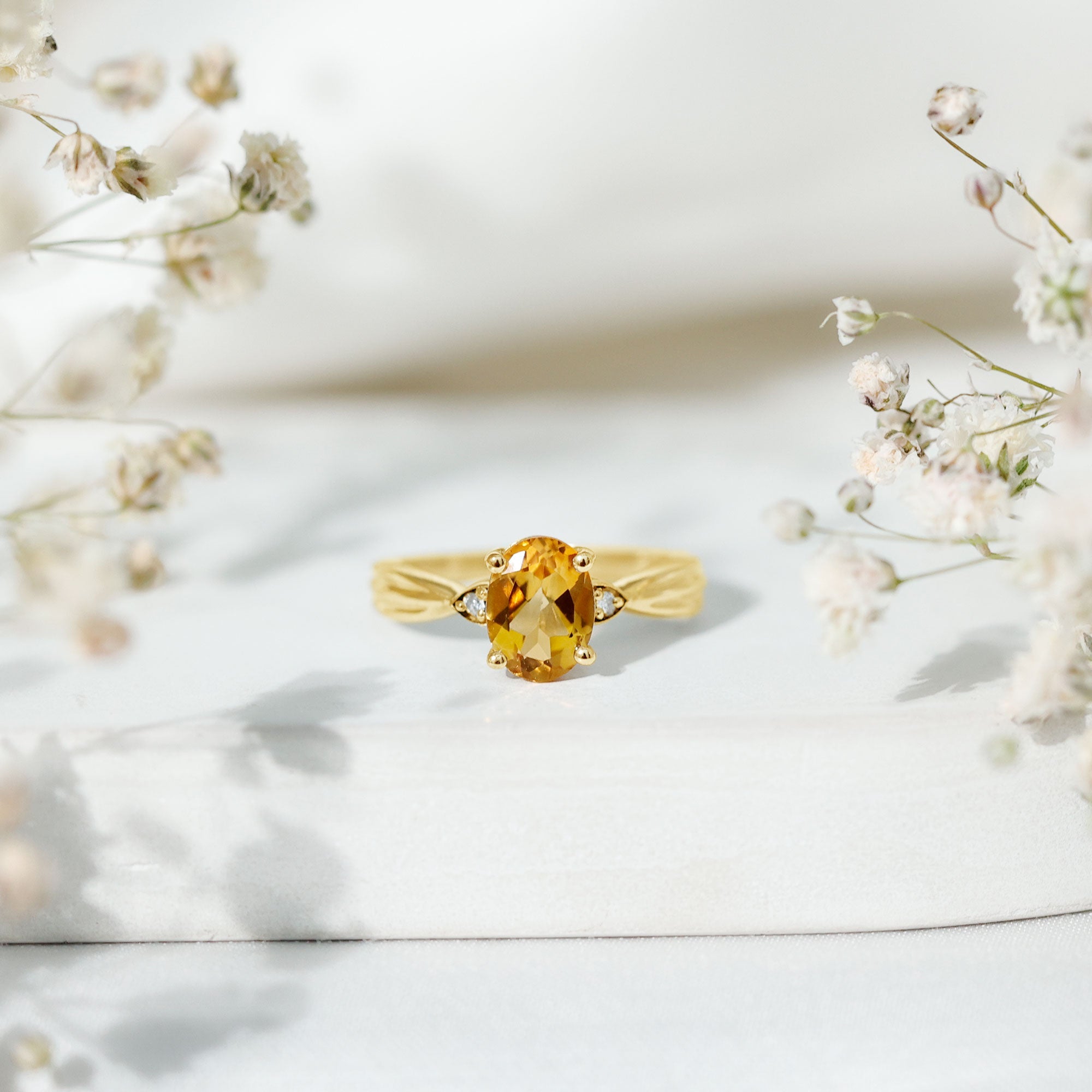 Oval Cut Real Citrine Solitaire Ring with Engraved Details