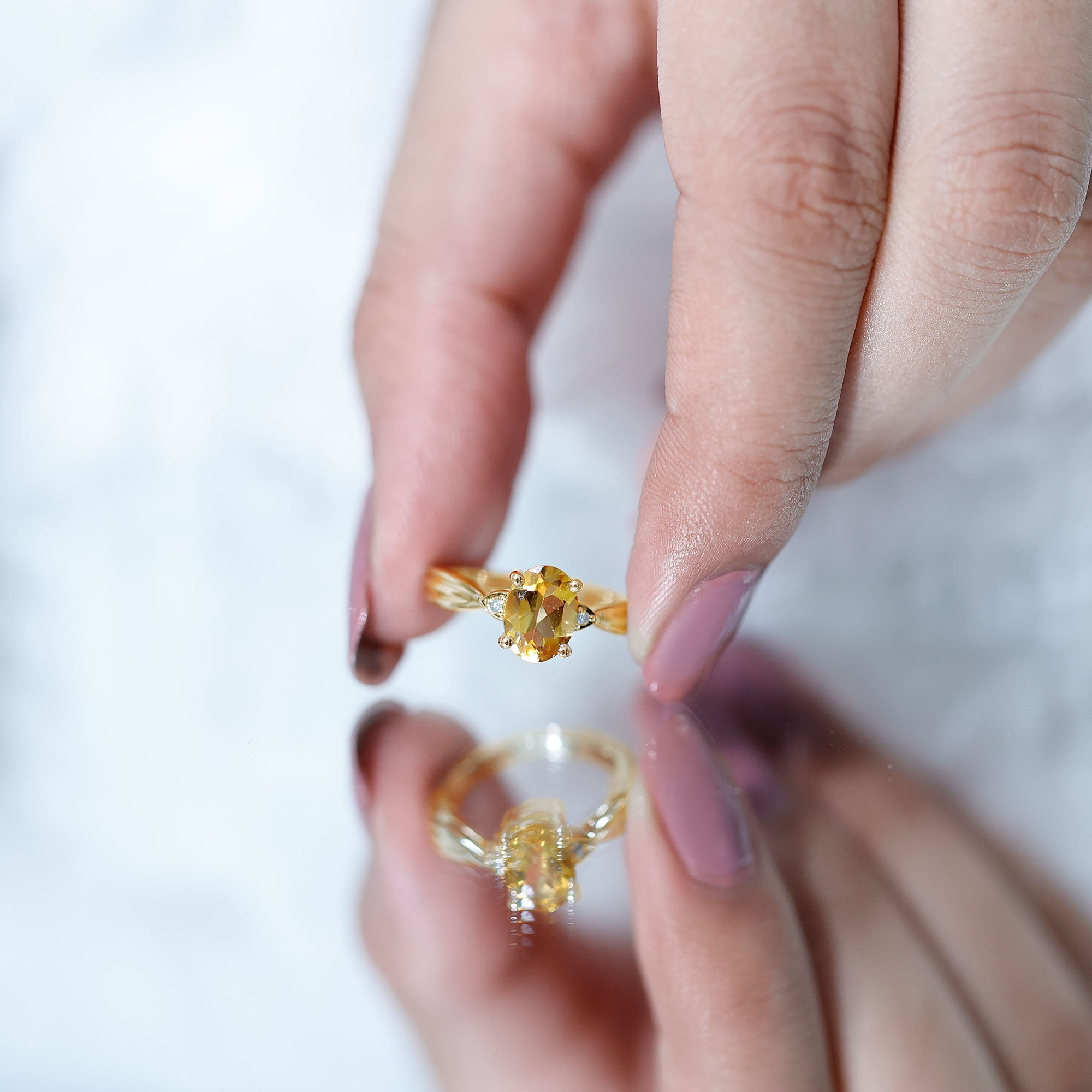 Oval Cut Real Citrine Solitaire Ring with Engraved Details