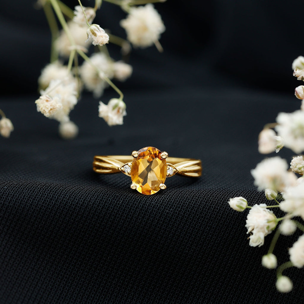 Oval Cut Real Citrine Solitaire Ring with Engraved Details