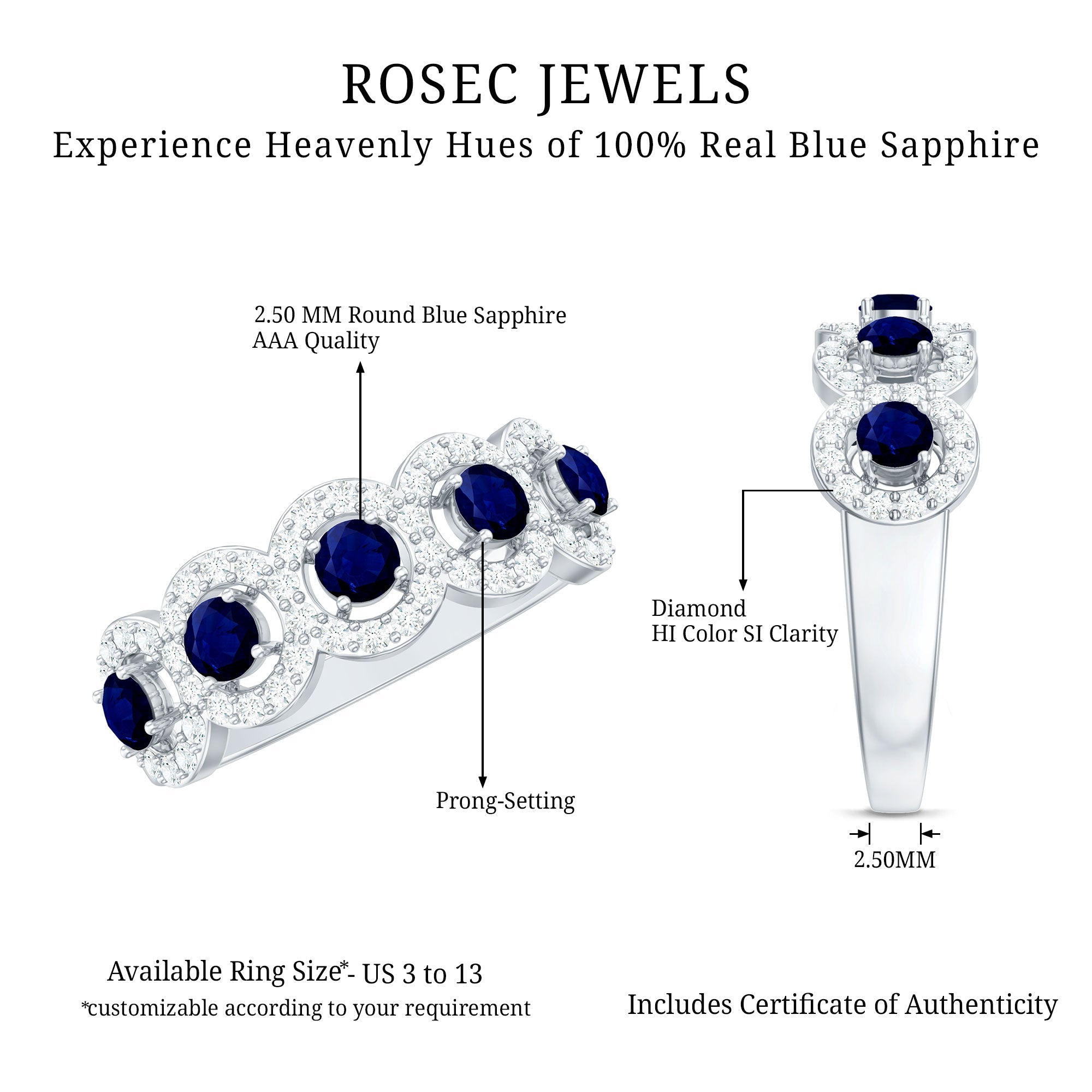1.75 CT Round Shape Blue Sapphire and Diamond Halo Classic Band Ring