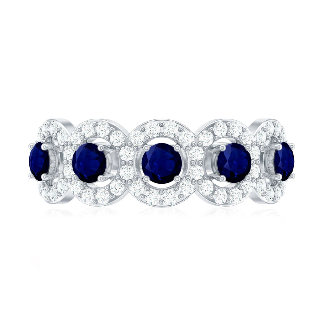 1.75 CT Round Shape Blue Sapphire and Diamond Halo Classic Band Ring