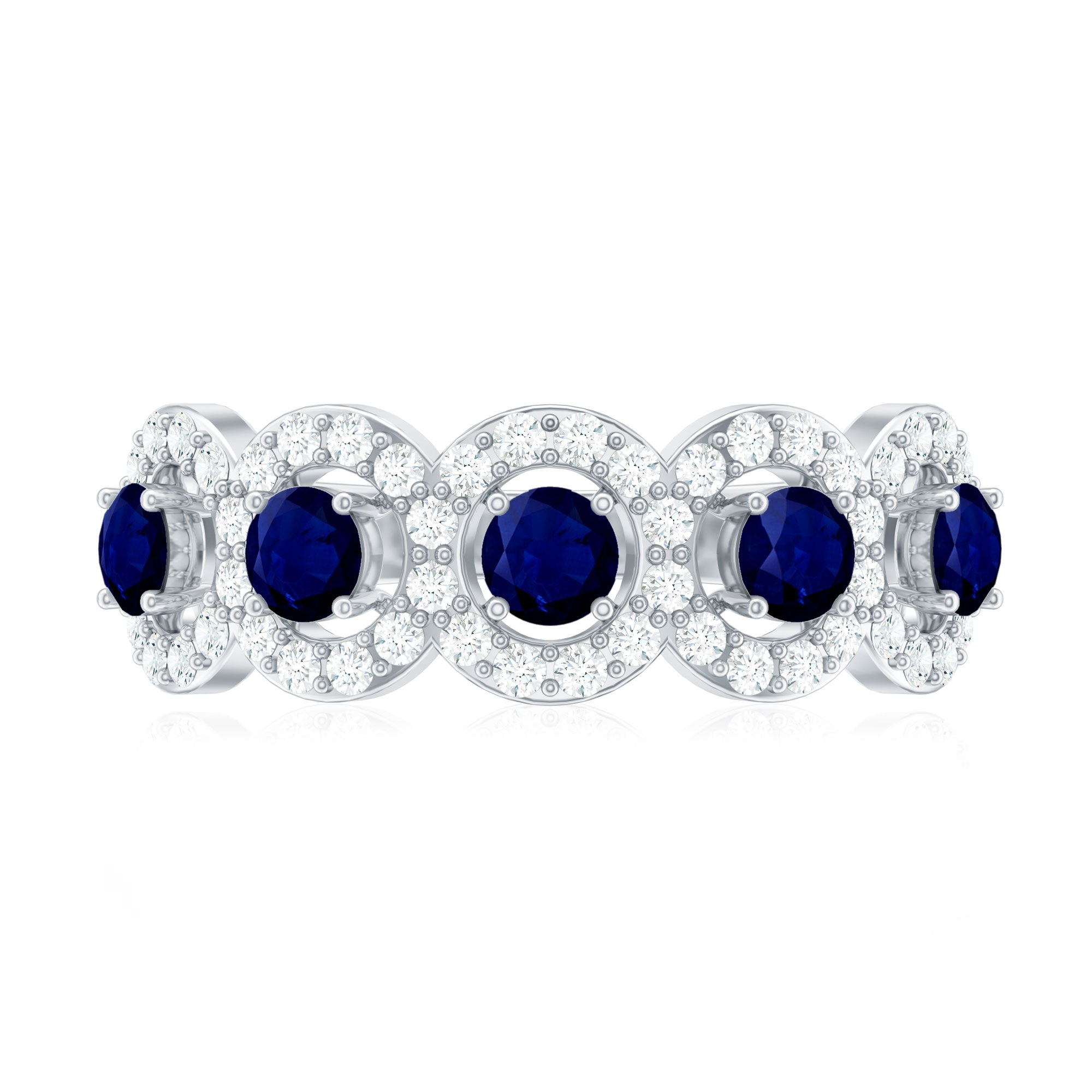 1.75 CT Round Shape Blue Sapphire and Diamond Halo Classic Band Ring