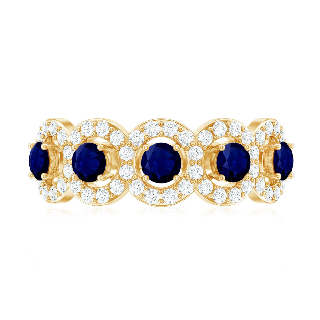 1.75 CT Round Shape Blue Sapphire and Diamond Halo Classic Band Ring