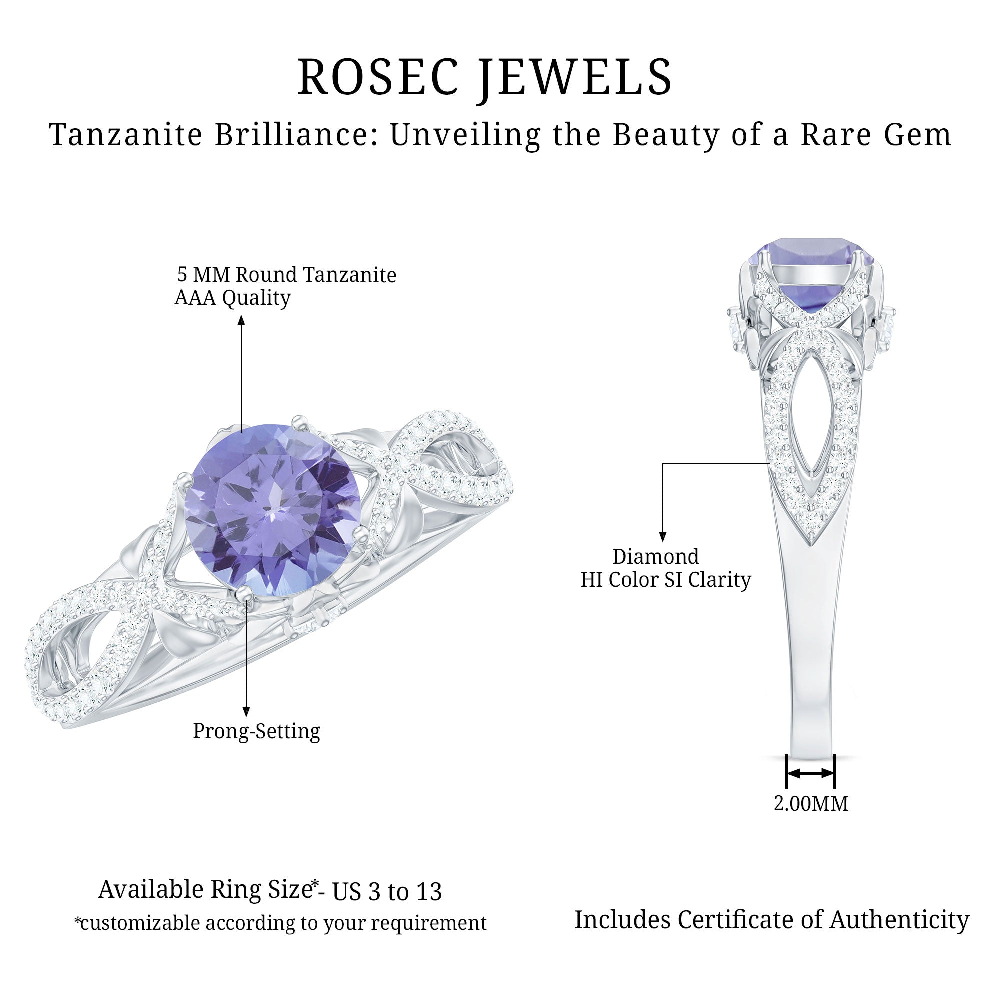 Designer Tanzanite Engagement Ring with Diamond Crossover Shank