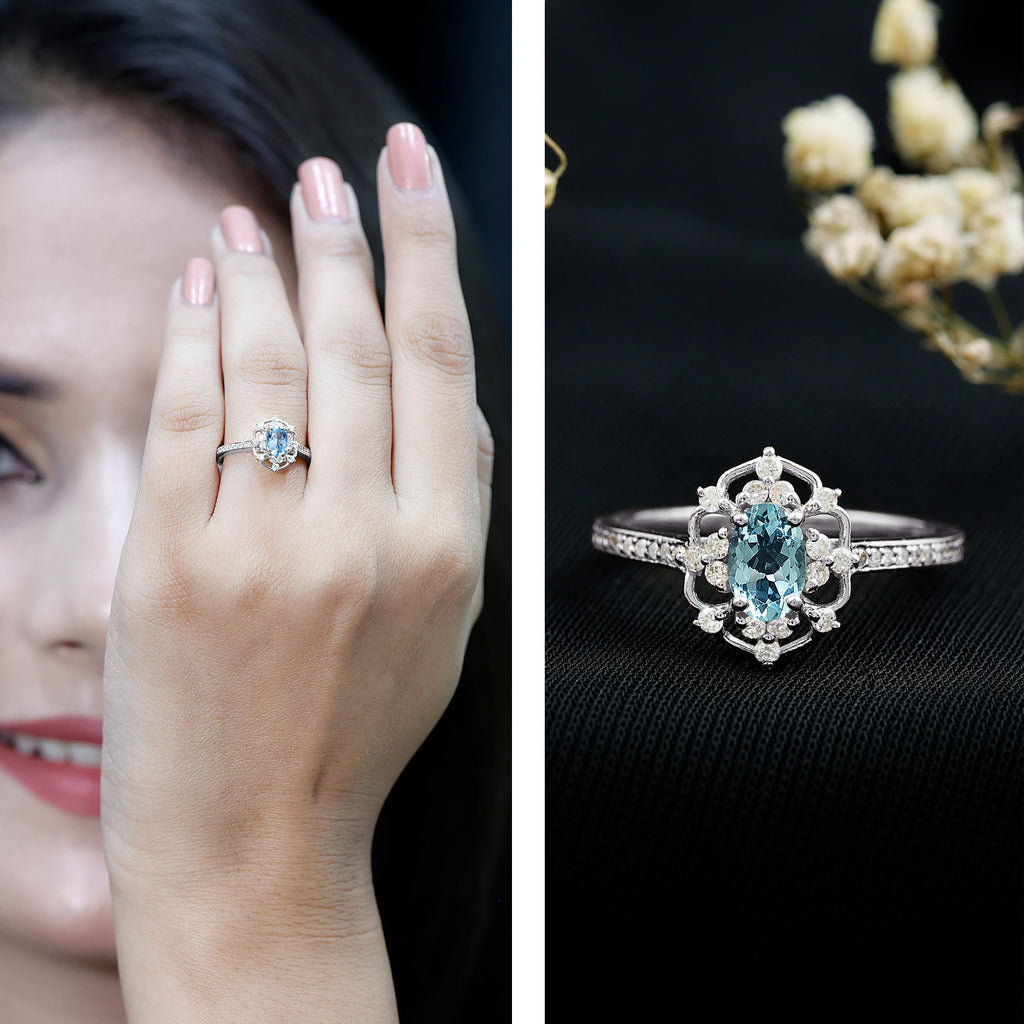 Vintage Style Aquamarine Flower Engagement Ring with Diamond
