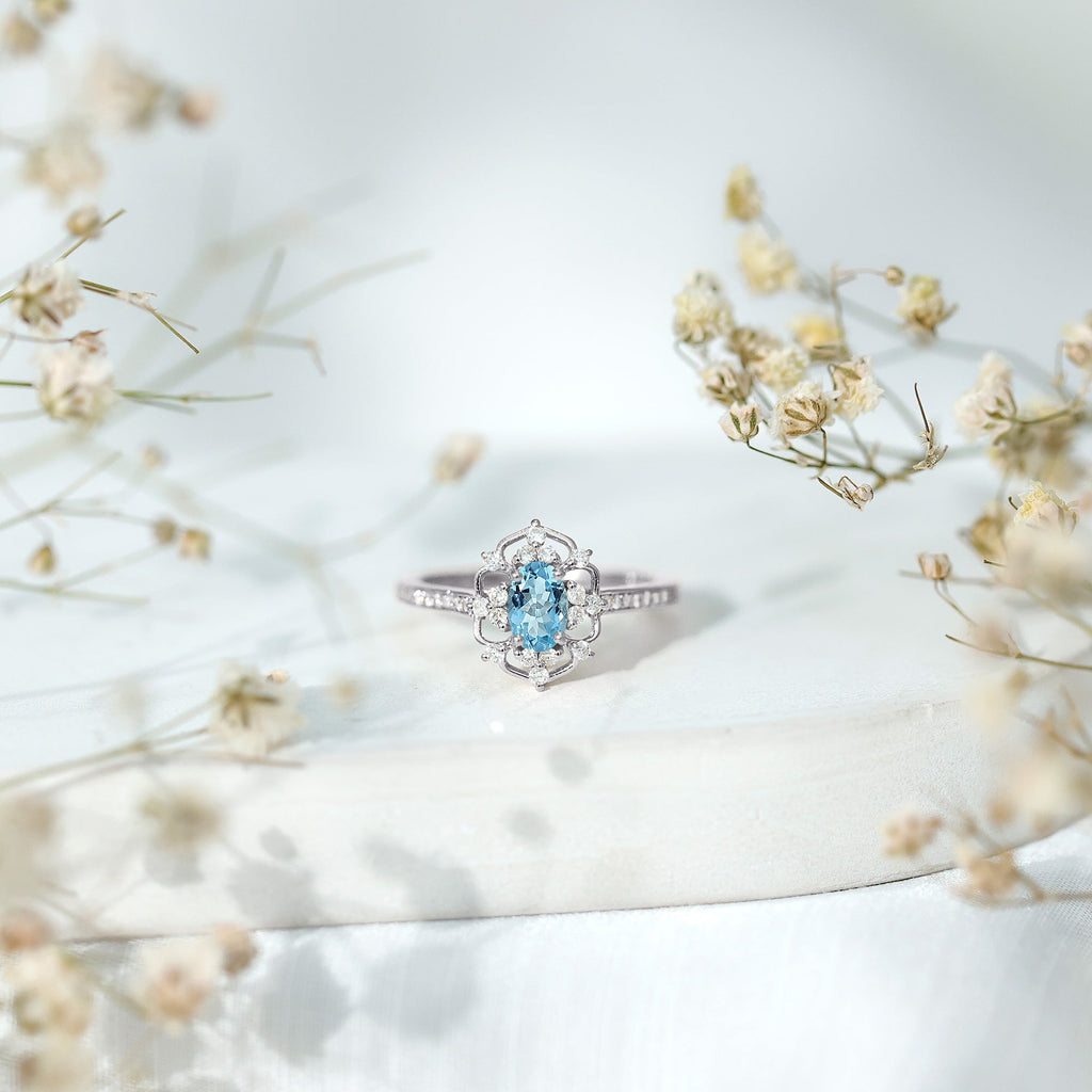 Vintage Style Aquamarine Flower Engagement Ring with Diamond