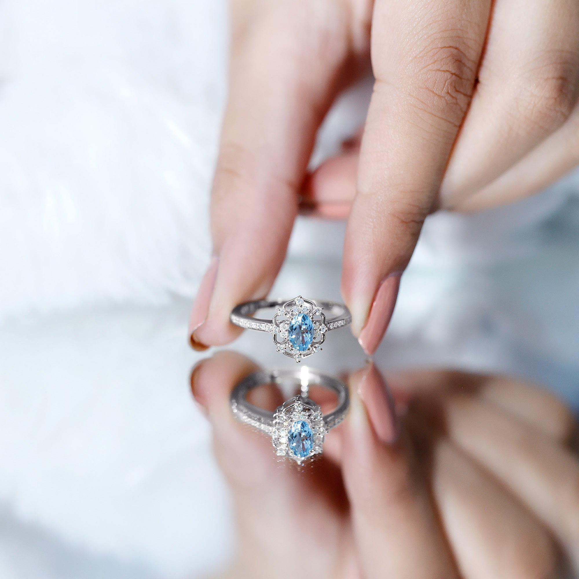Vintage Style Aquamarine Flower Engagement Ring with Diamond