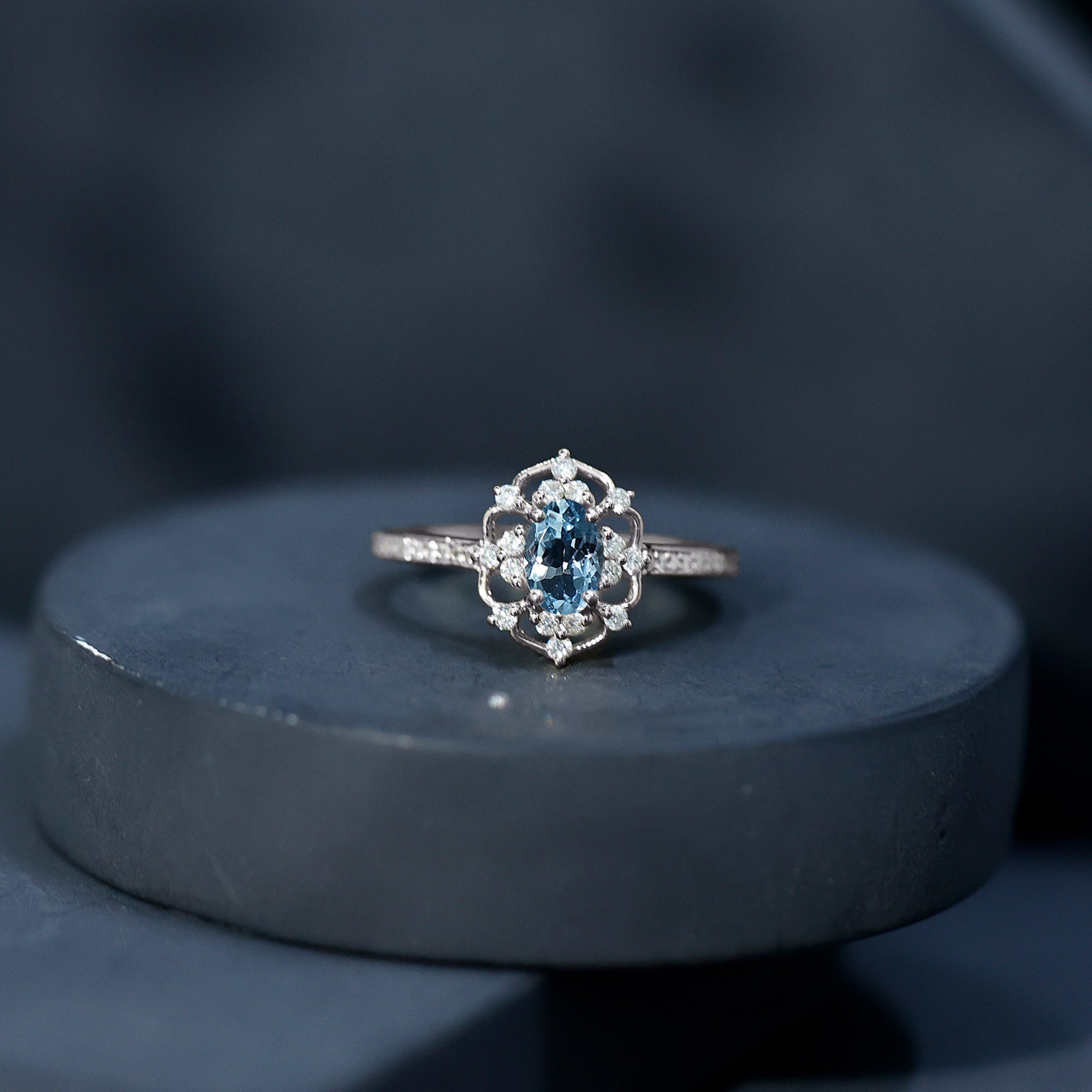 Vintage Style Aquamarine Flower Engagement Ring with Diamond