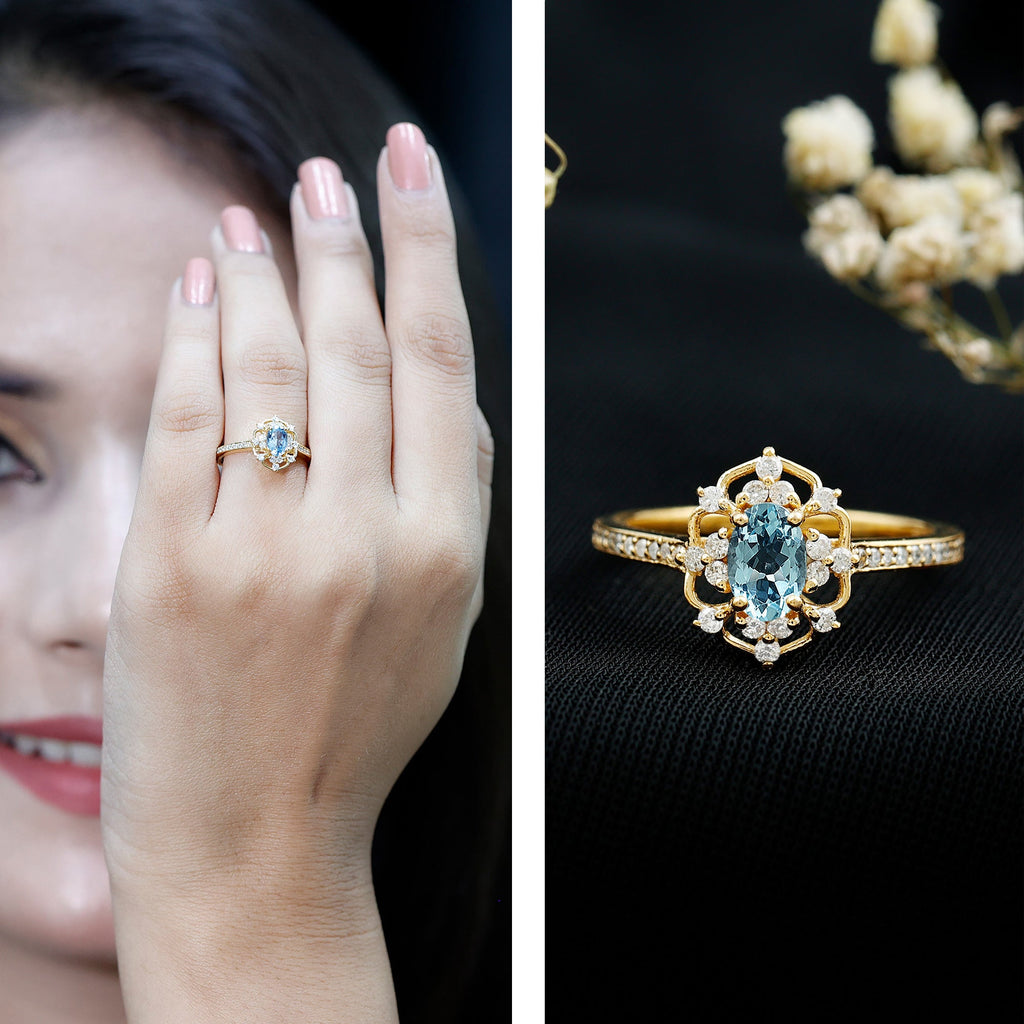 Vintage Style Aquamarine Flower Engagement Ring with Diamond