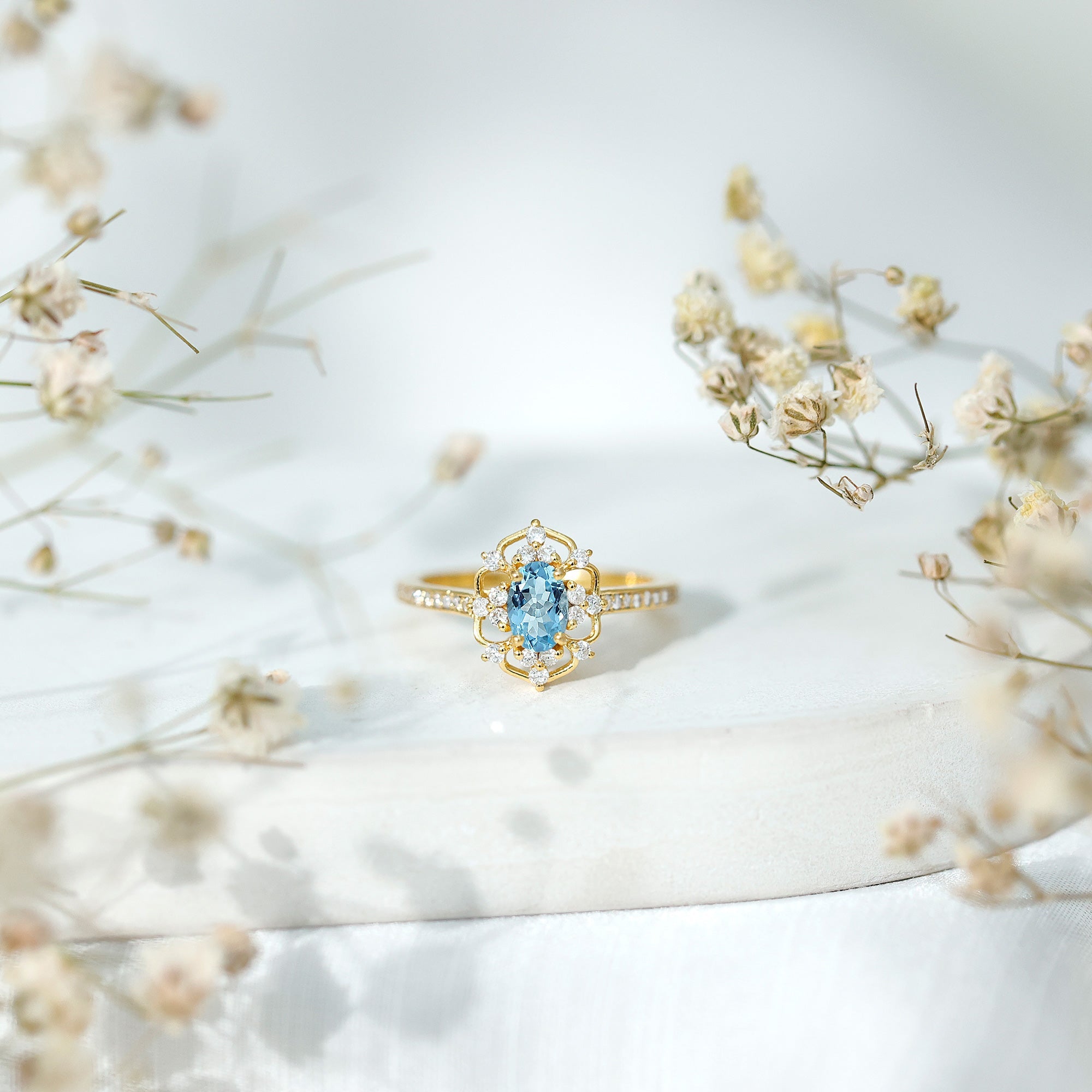 Vintage Style Aquamarine Flower Engagement Ring with Diamond