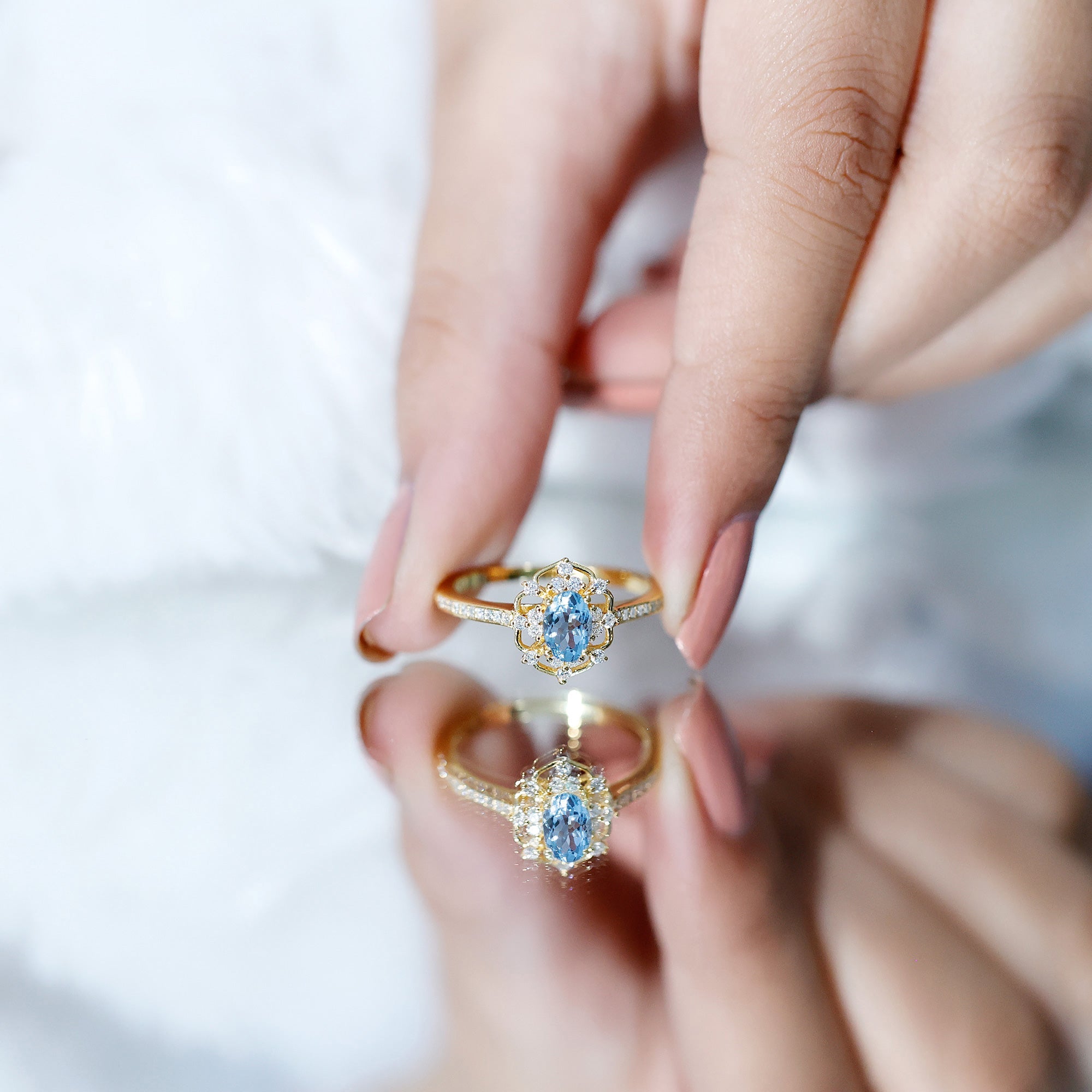 Vintage Style Aquamarine Flower Engagement Ring with Diamond