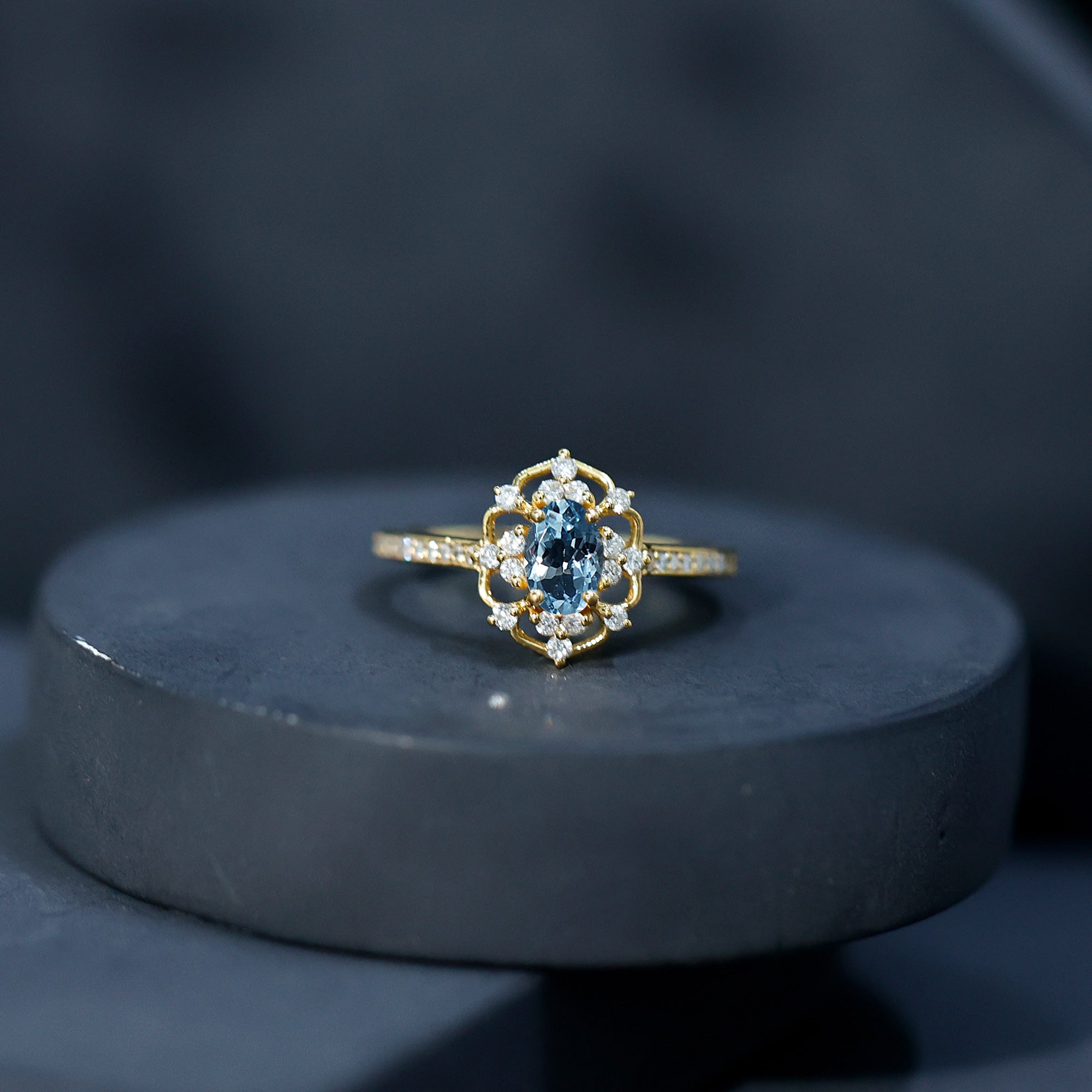 Vintage Style Aquamarine Flower Engagement Ring with Diamond