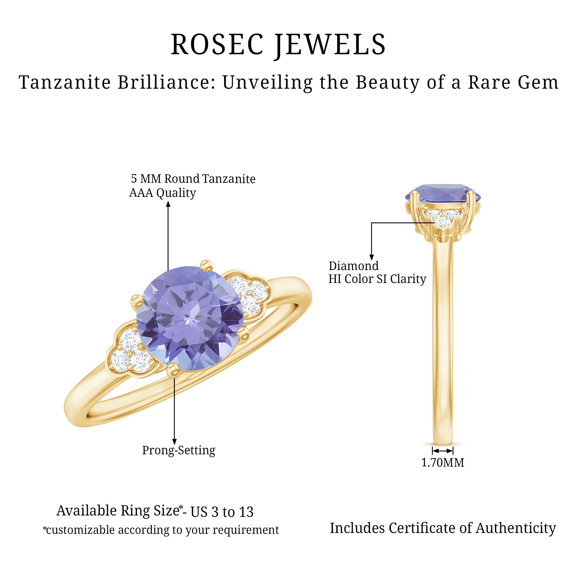 Natural Tanzanite Engagement Ring with Trio of Diamond