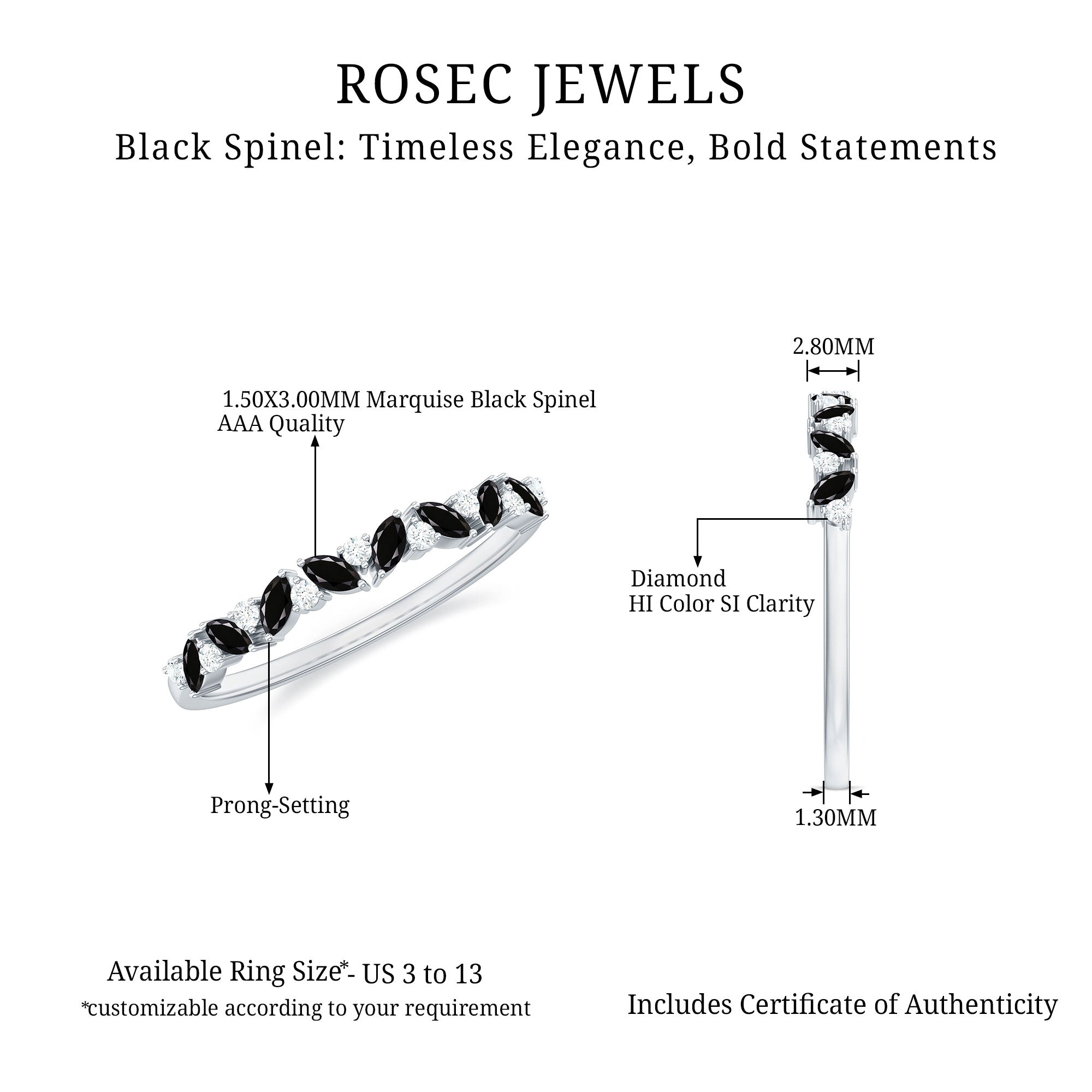 Natural Marquise Black Spinel Diamond Half Eternity Ring