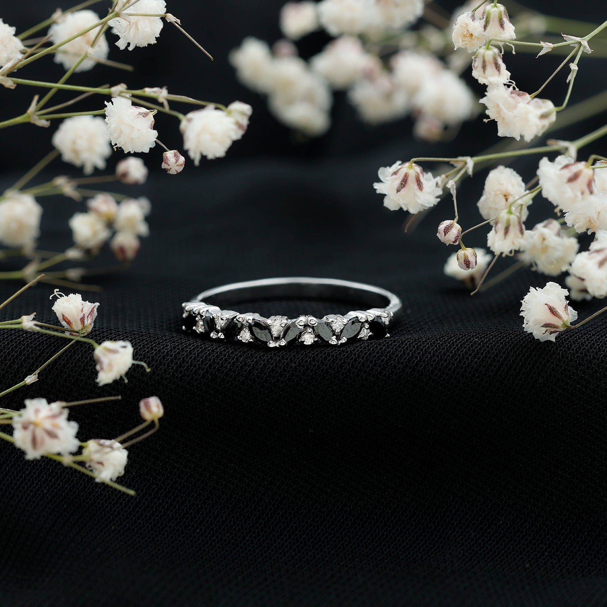 Natural Marquise Black Spinel Diamond Half Eternity Ring