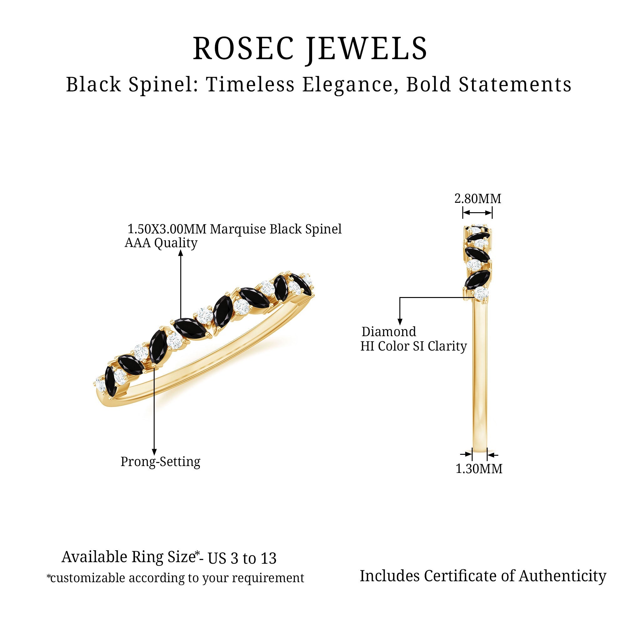 Natural Marquise Black Spinel Diamond Half Eternity Ring