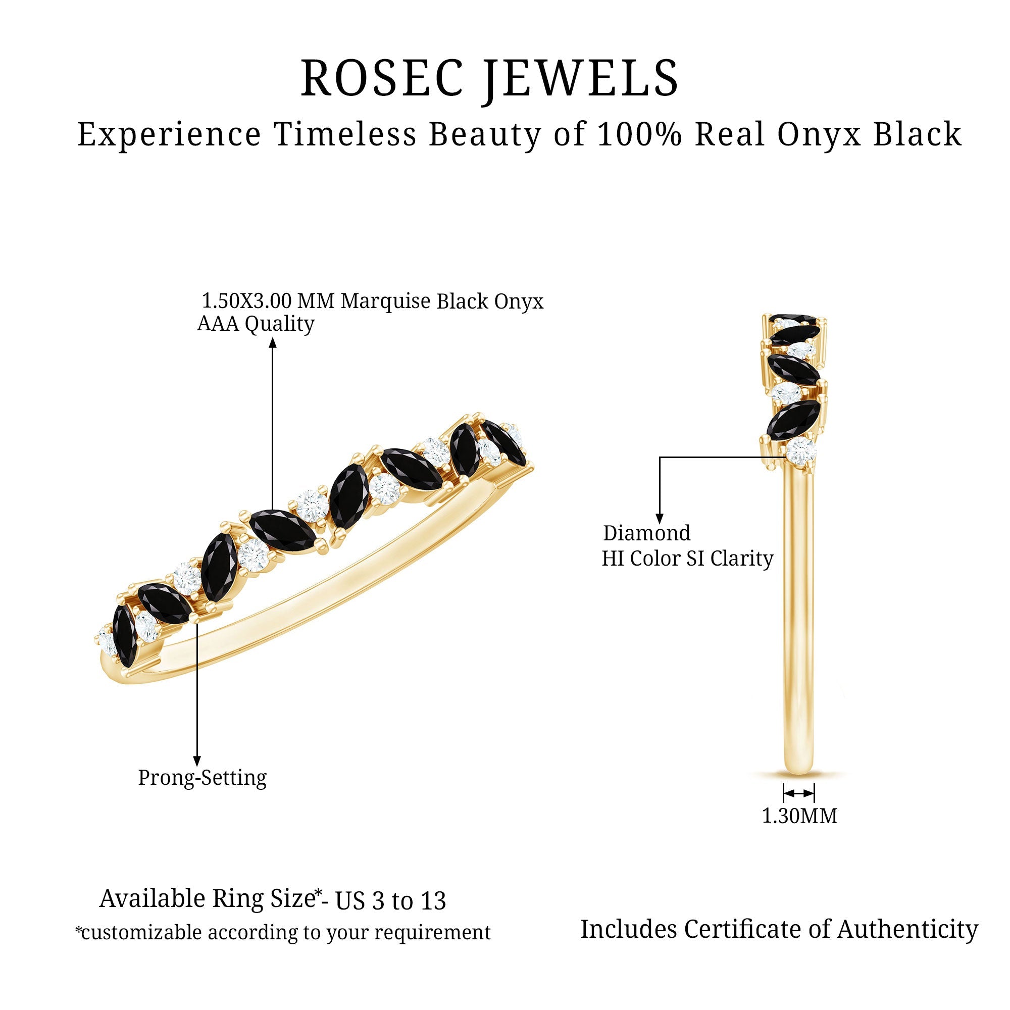 Minimalist Black Onyx and Diamond Half Eternity Ring