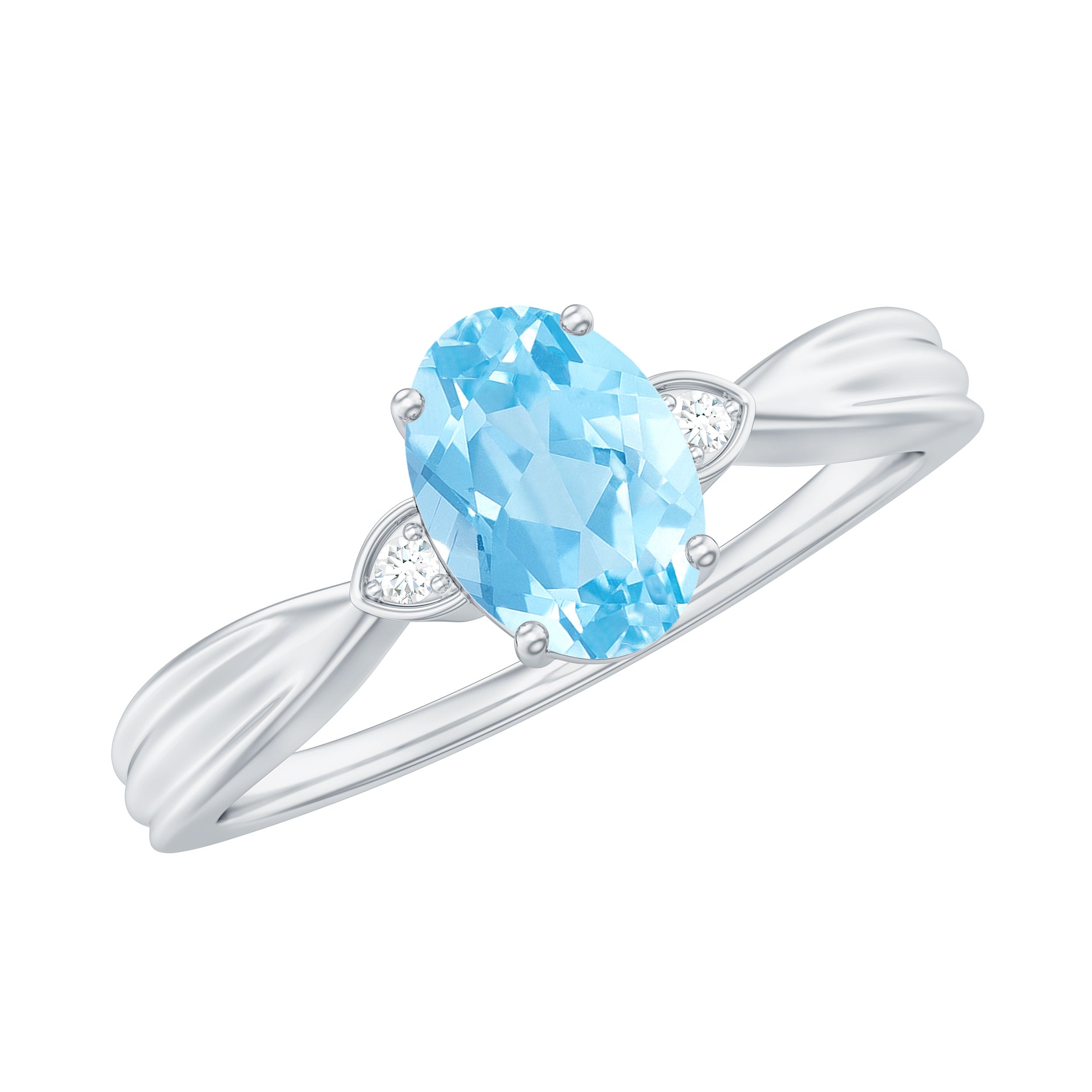 Oval Cut Real Aquamarine Solitaire Ring with Diamond