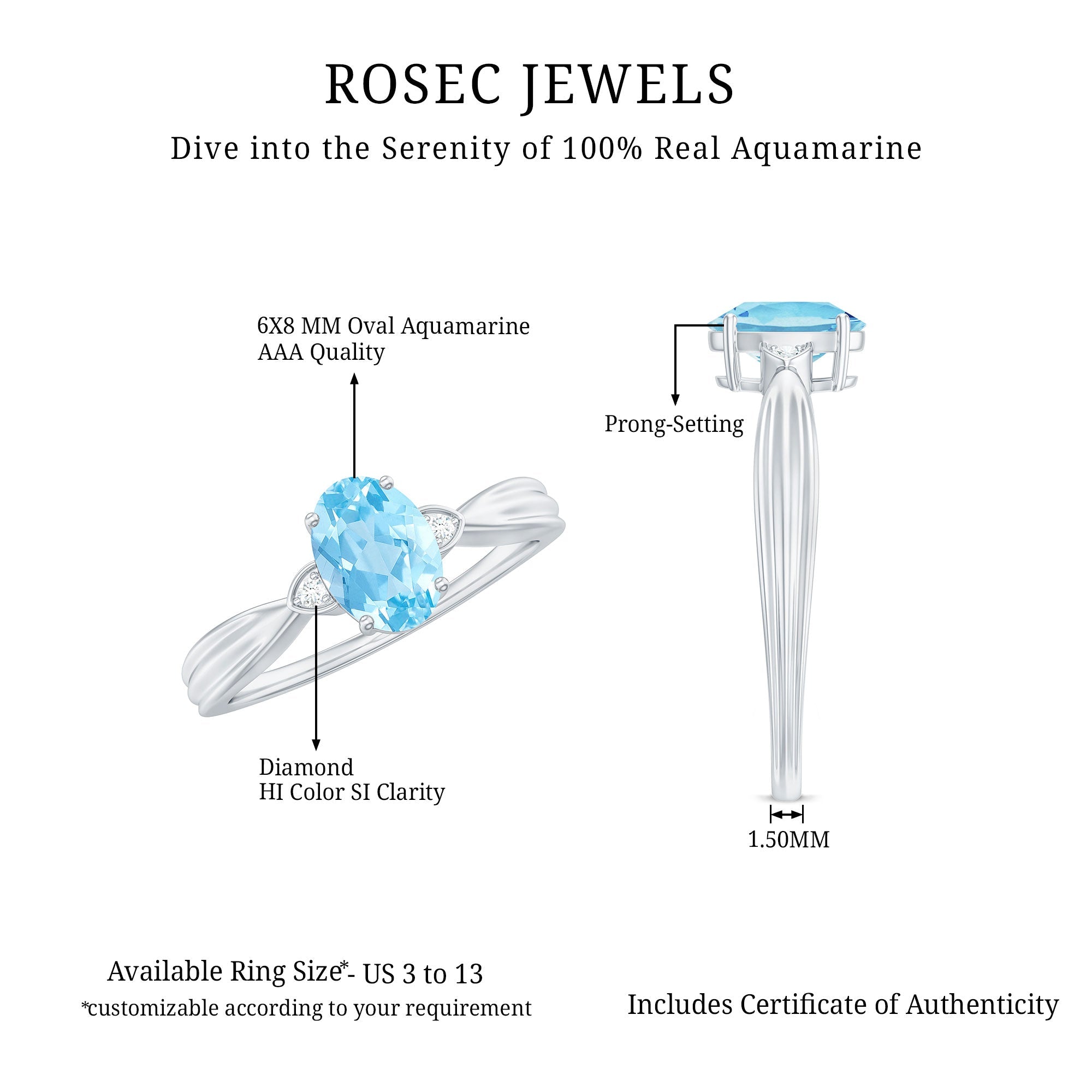 Oval Cut Real Aquamarine Solitaire Ring with Diamond