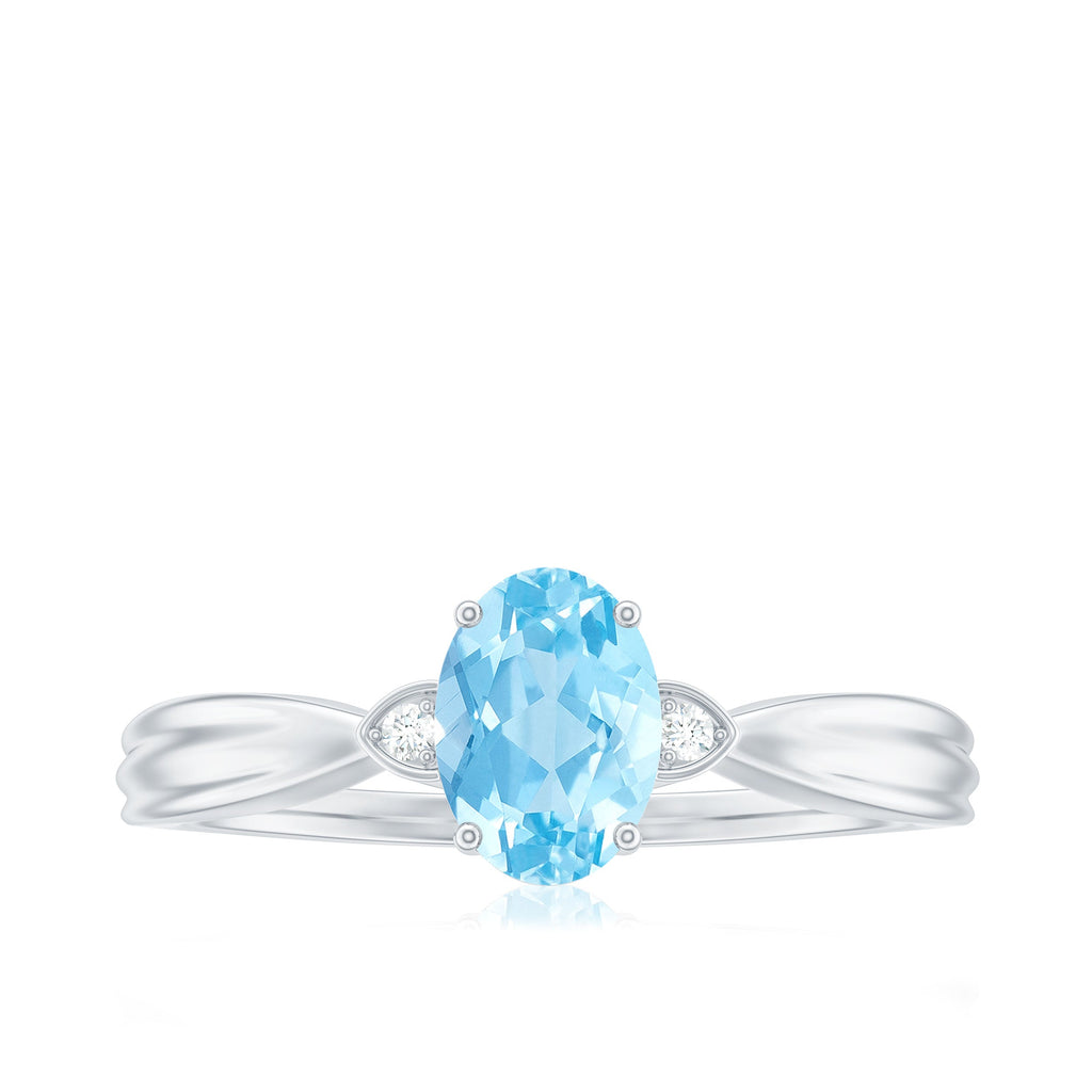 Oval Cut Real Aquamarine Solitaire Ring with Diamond