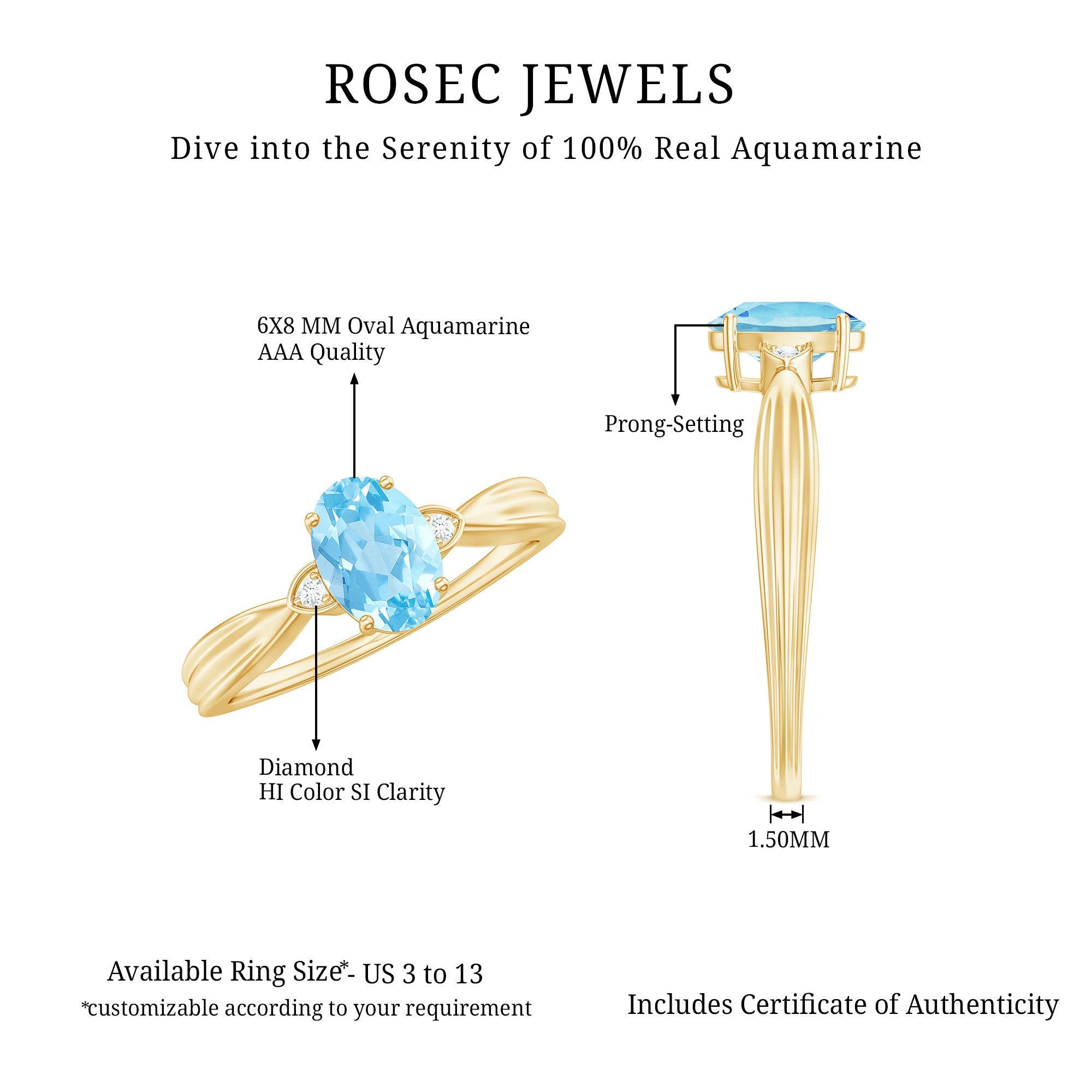 Oval Cut Real Aquamarine Solitaire Ring with Diamond