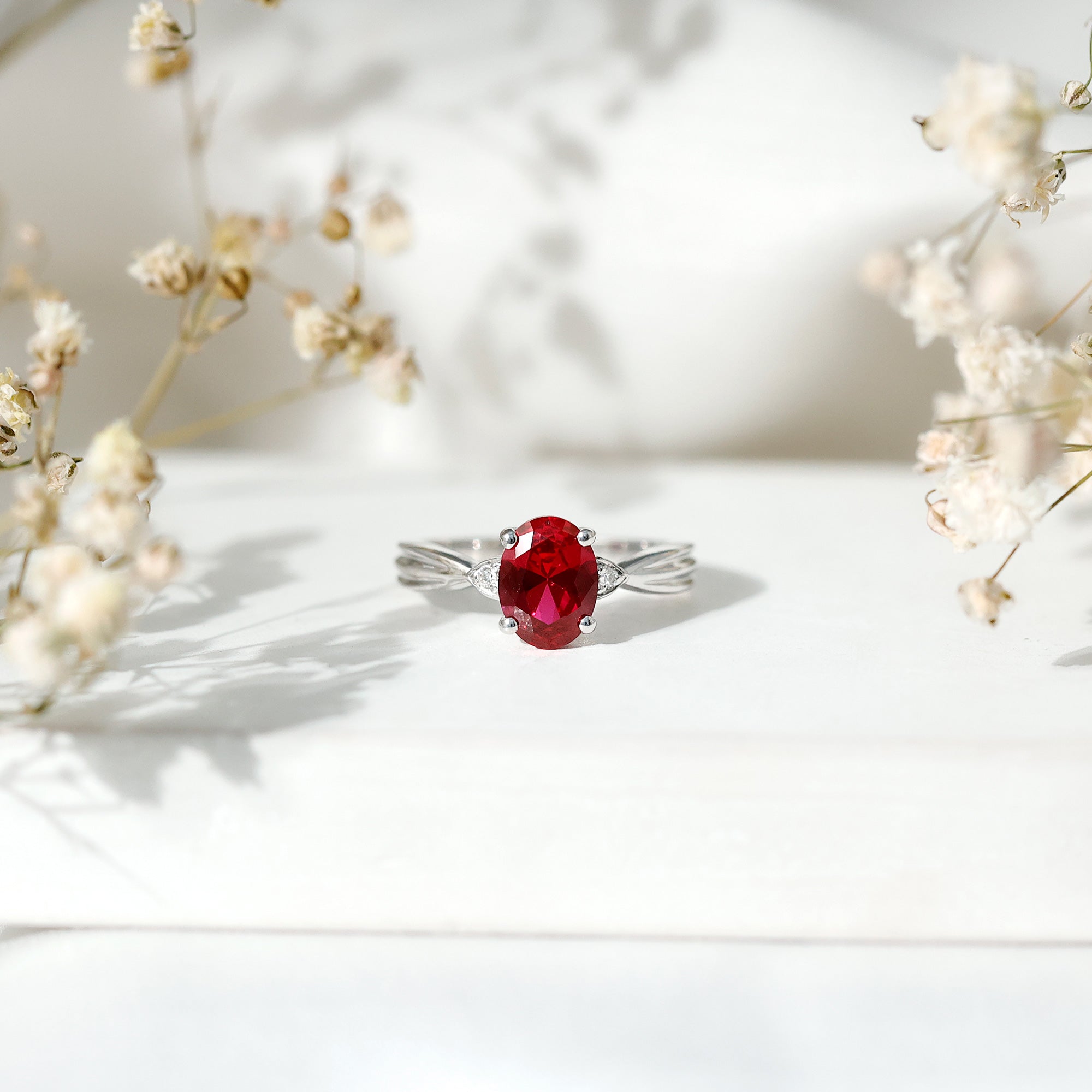 Oval Shaped 6X8MM Lab Created Ruby Solitaire Engagement Ring