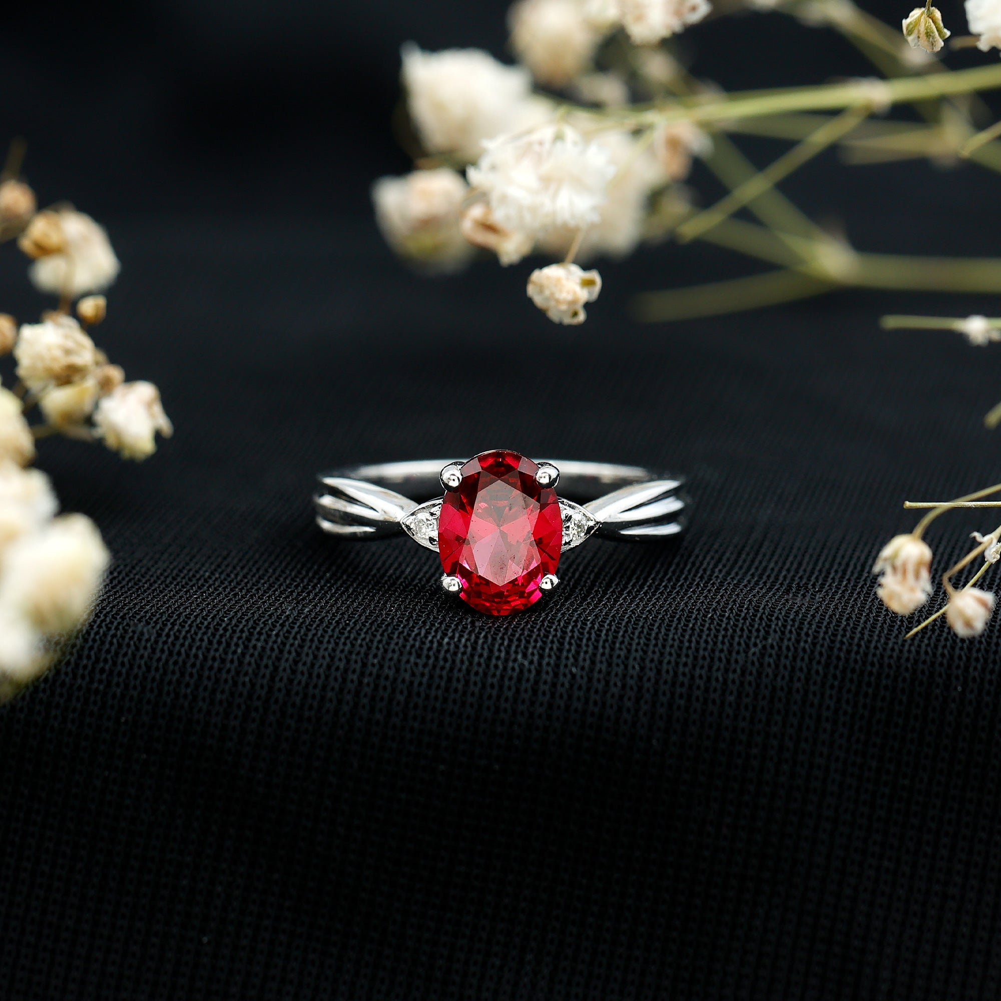 Oval Shaped 6X8MM Lab Created Ruby Solitaire Engagement Ring
