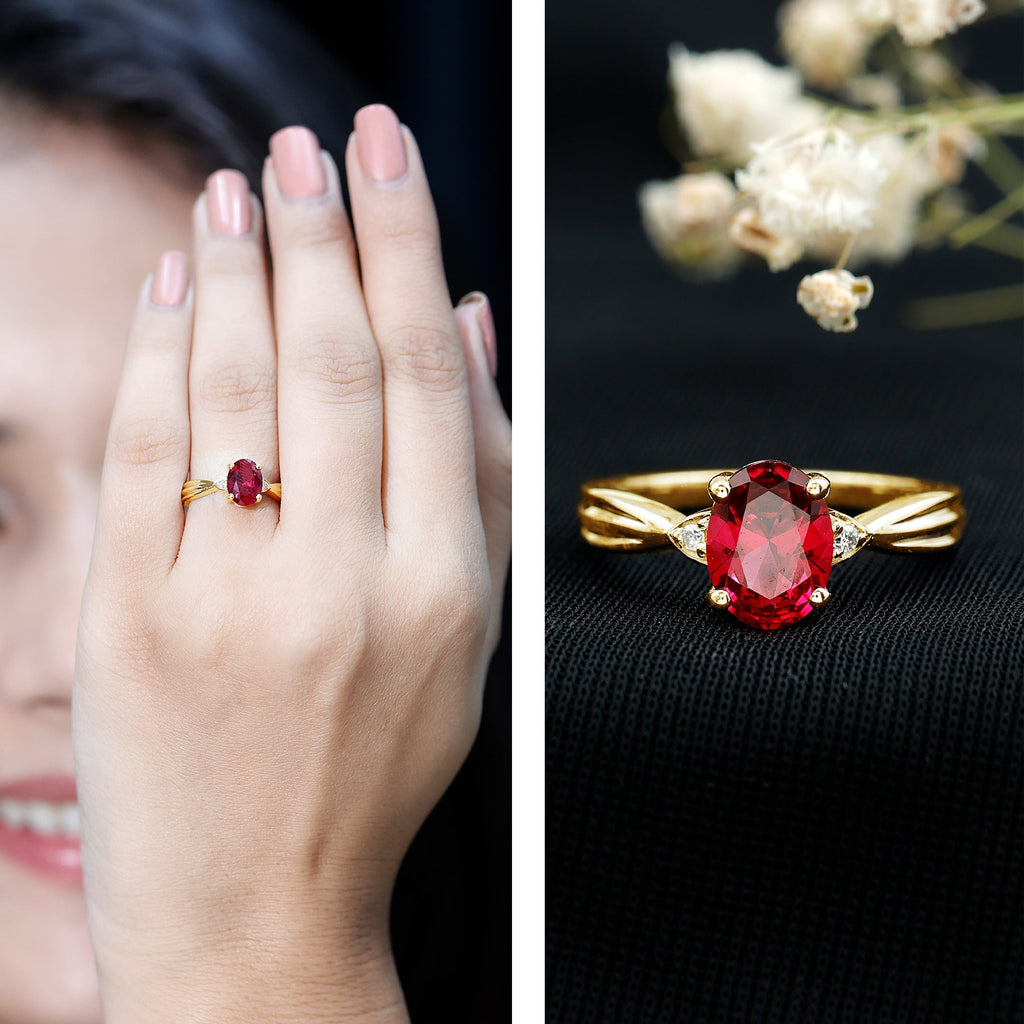 Oval Shaped 6X8MM Lab Created Ruby Solitaire Engagement Ring
