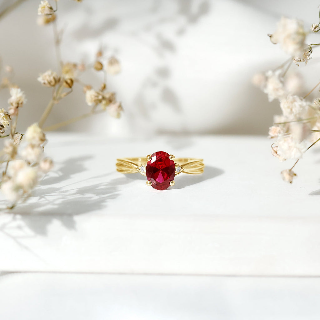 Oval Shaped 6X8MM Lab Created Ruby Solitaire Engagement Ring
