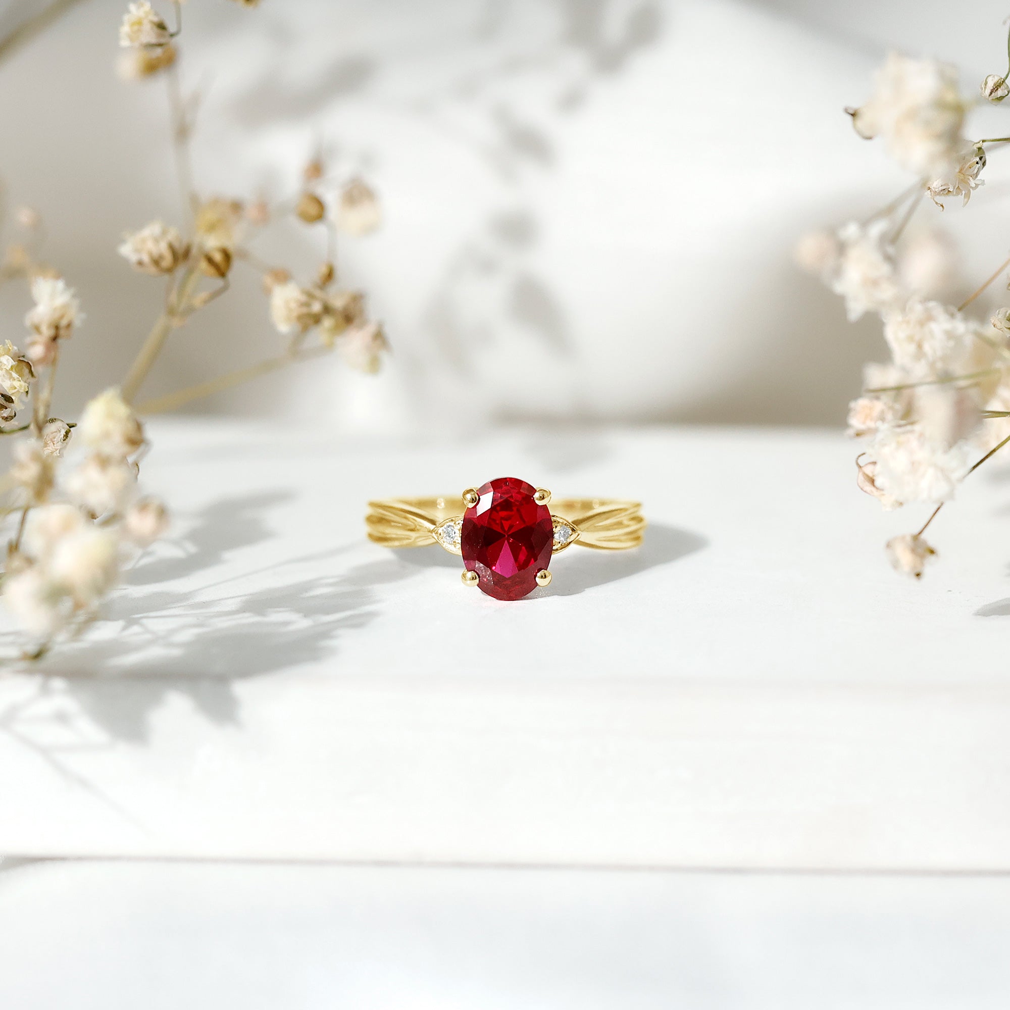 Oval Shaped 6X8MM Lab Created Ruby Solitaire Engagement Ring