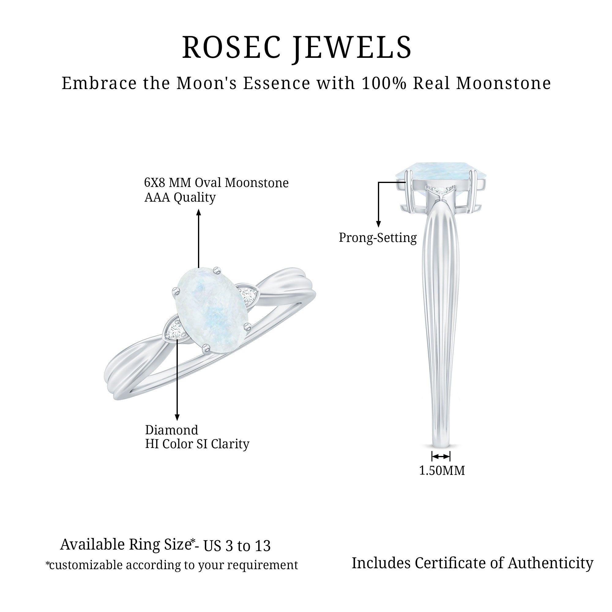 1 CT Oval Cut Moonstone Solitaire Ring with Diamond