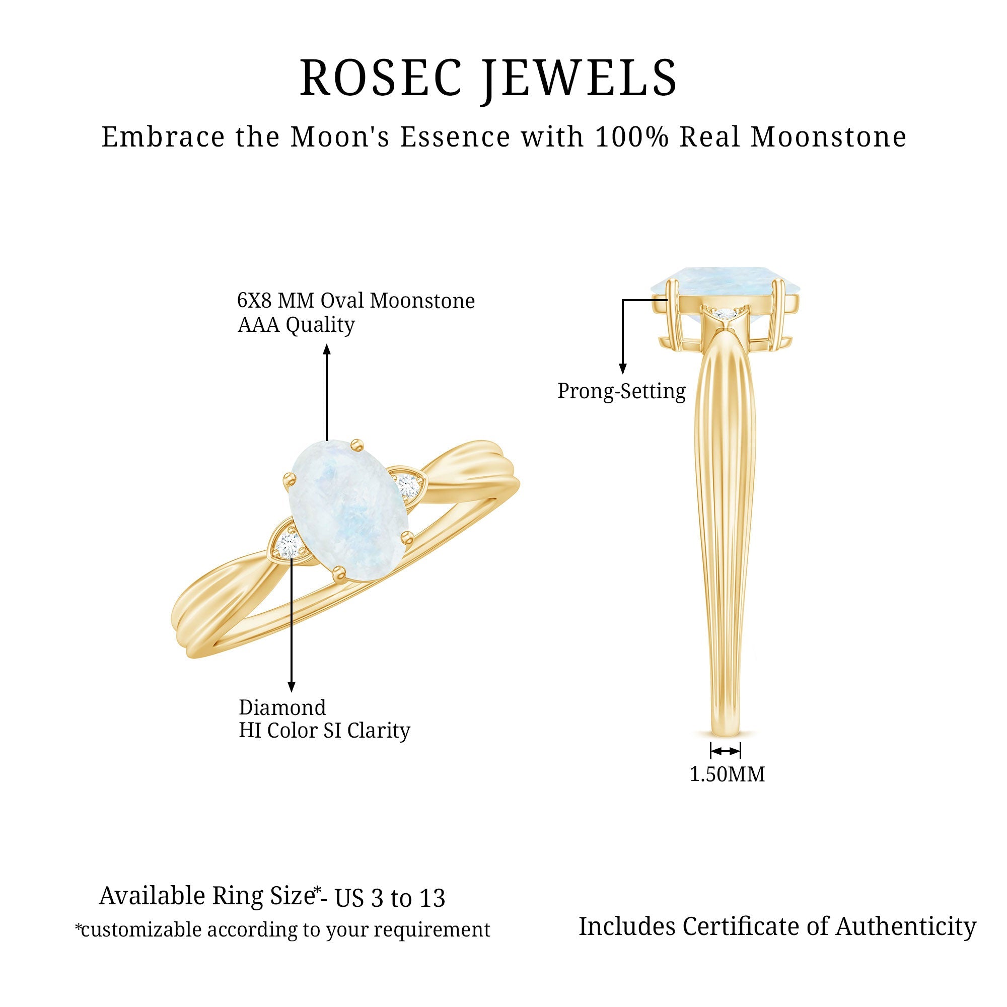 1 CT Oval Cut Moonstone Solitaire Ring with Diamond