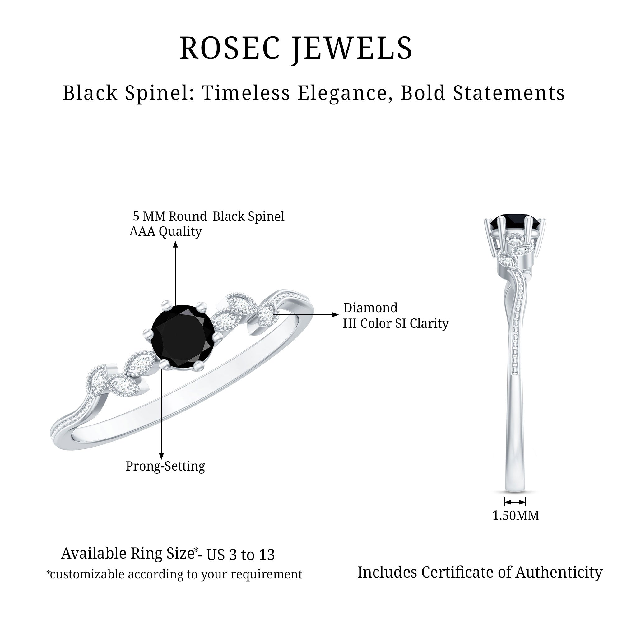 Nature Inspired Black Spinel Proposal Ring with Diamond