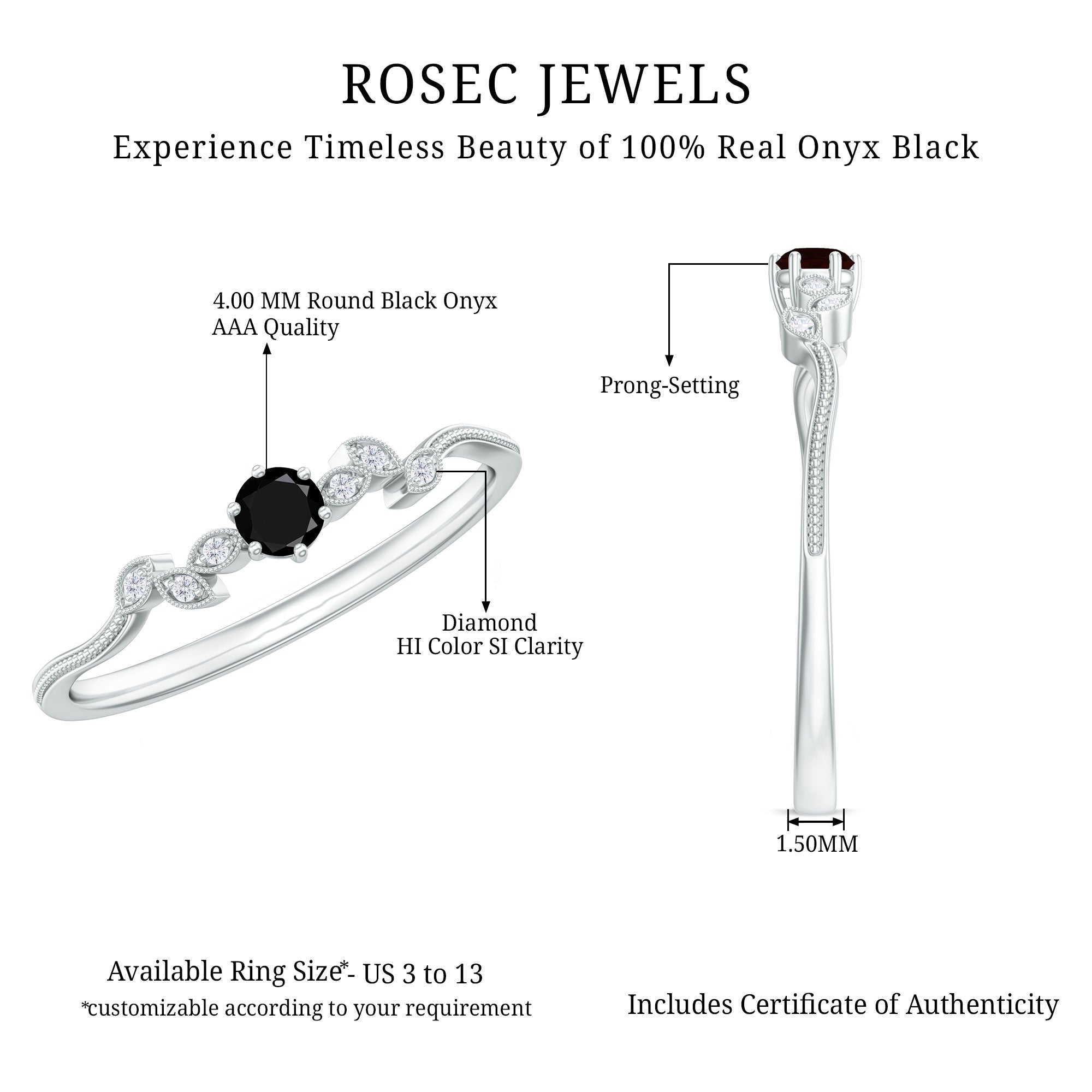 Black Onyx and Diamond Nature Inspired Promise Ring
