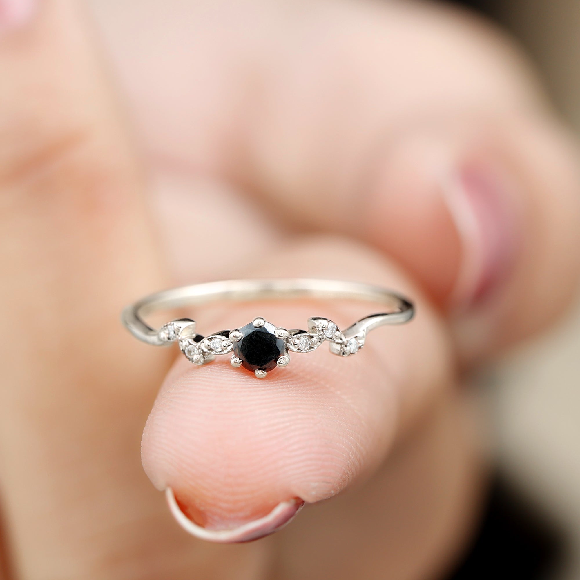 Black Onyx and Diamond Nature Inspired Promise Ring