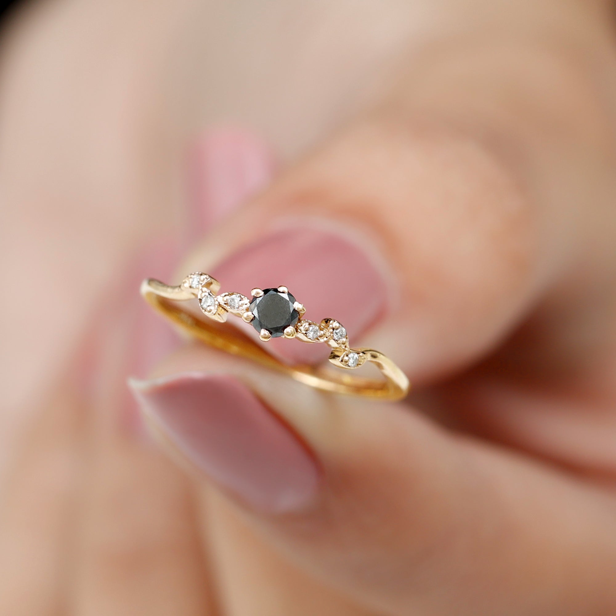 Black Onyx and Diamond Nature Inspired Promise Ring