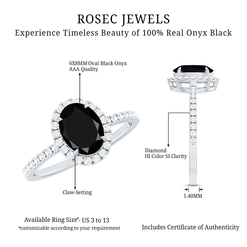 6X8MM Oval Black Onyx and Diamond Halo Engagement Ring