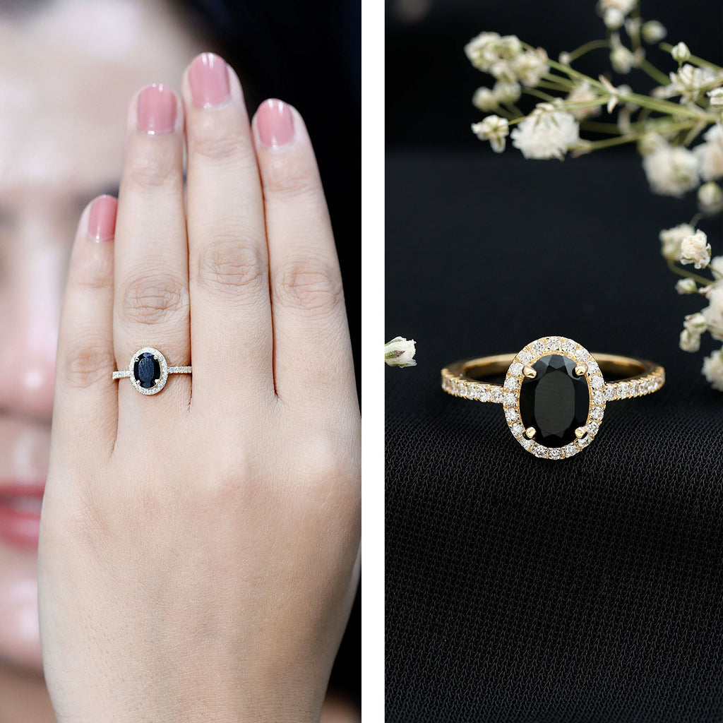 6X8MM Oval Black Onyx and Diamond Halo Engagement Ring