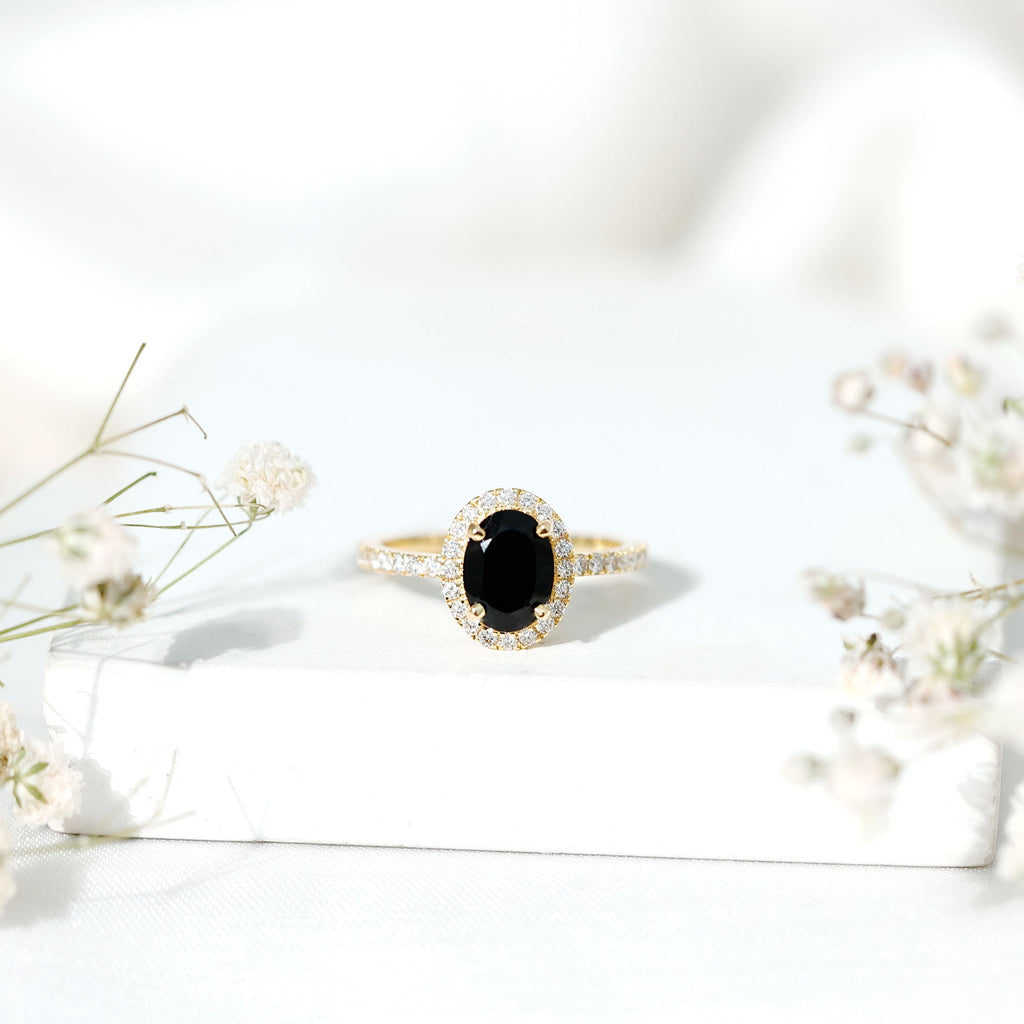 6X8MM Oval Black Onyx and Diamond Halo Engagement Ring