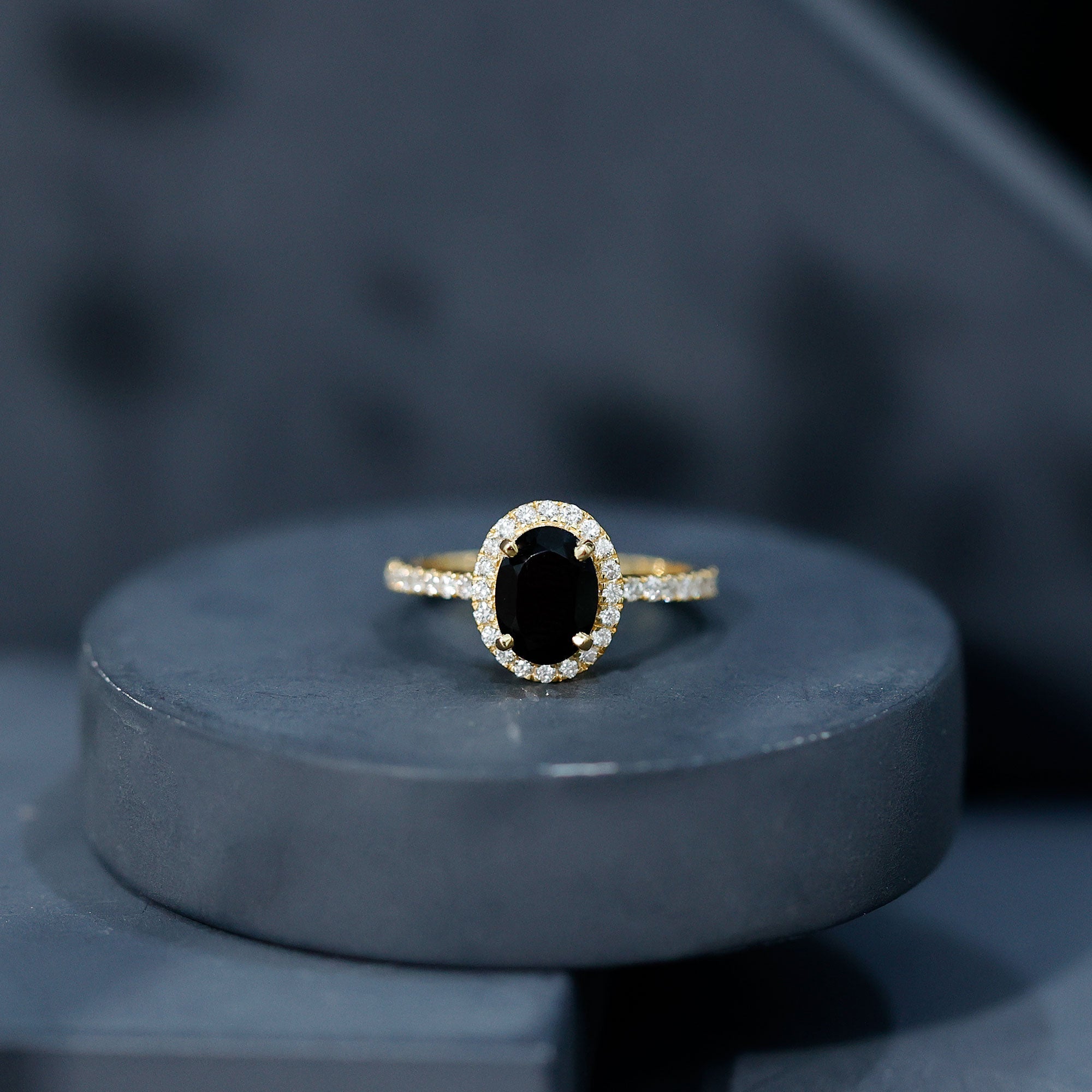 6X8MM Oval Black Onyx and Diamond Halo Engagement Ring