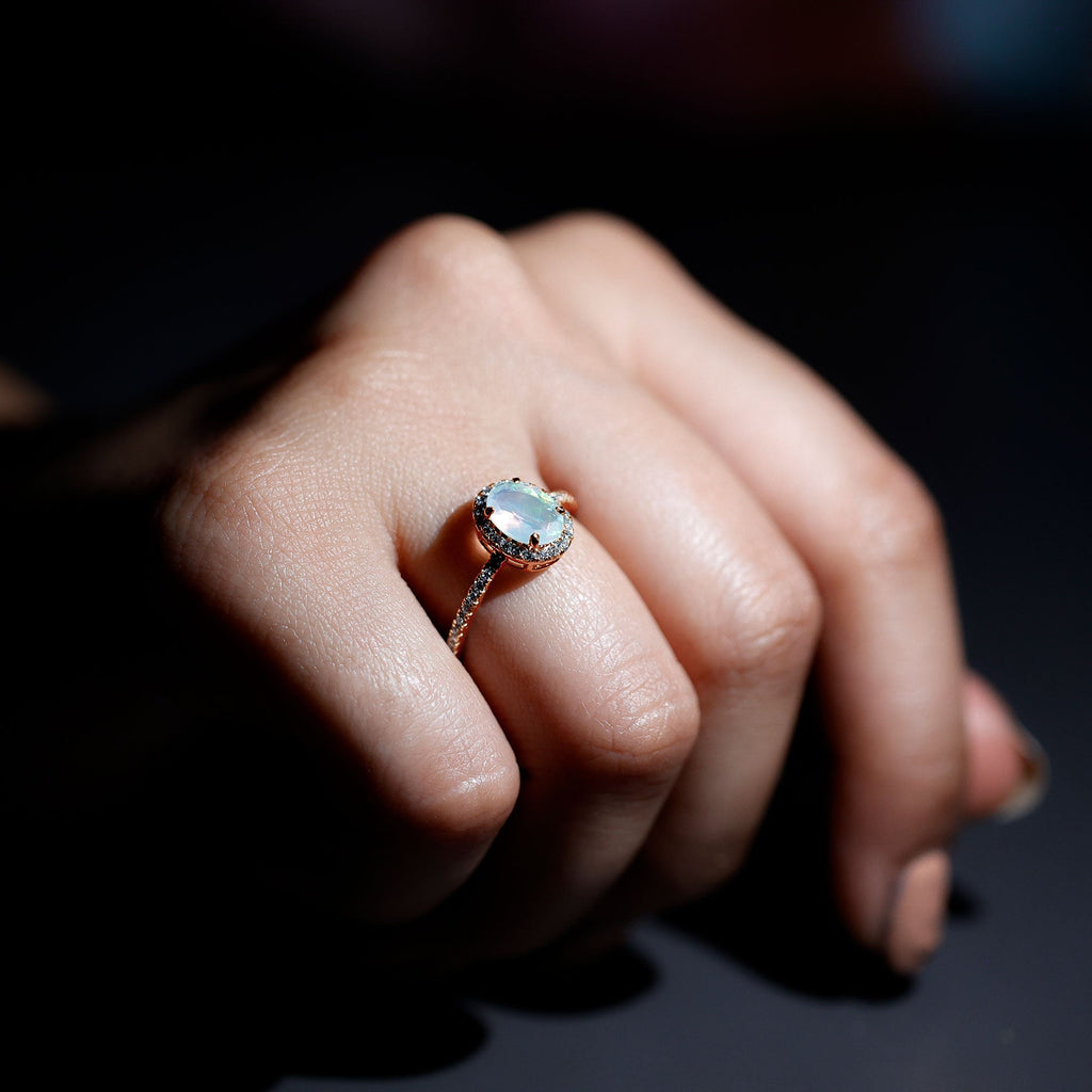 Certified Real 6X8mm Ethiopian Opal Oval Engagement Ring with Diamond Halo