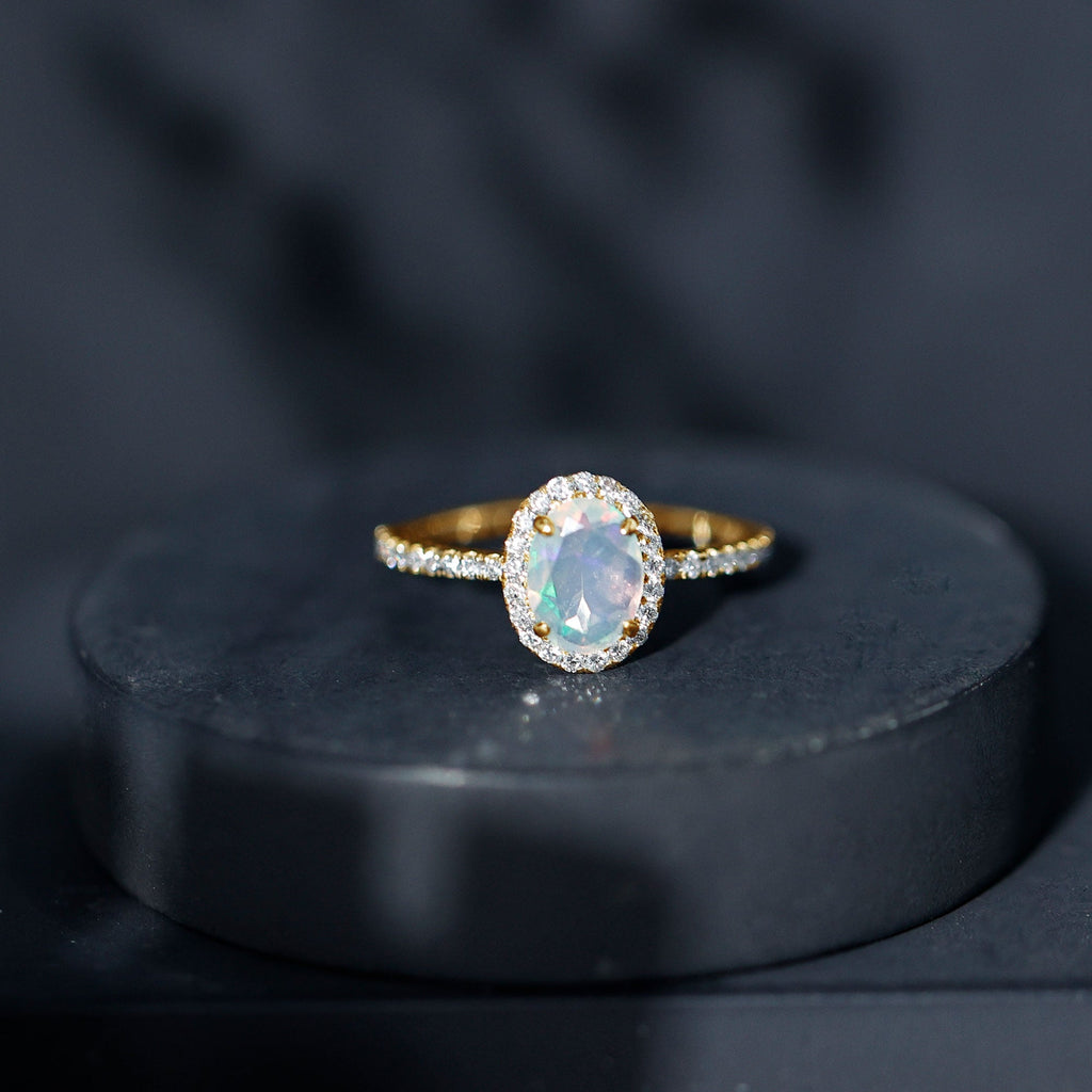 Certified Real 6X8mm Ethiopian Opal Oval Engagement Ring with Diamond Halo