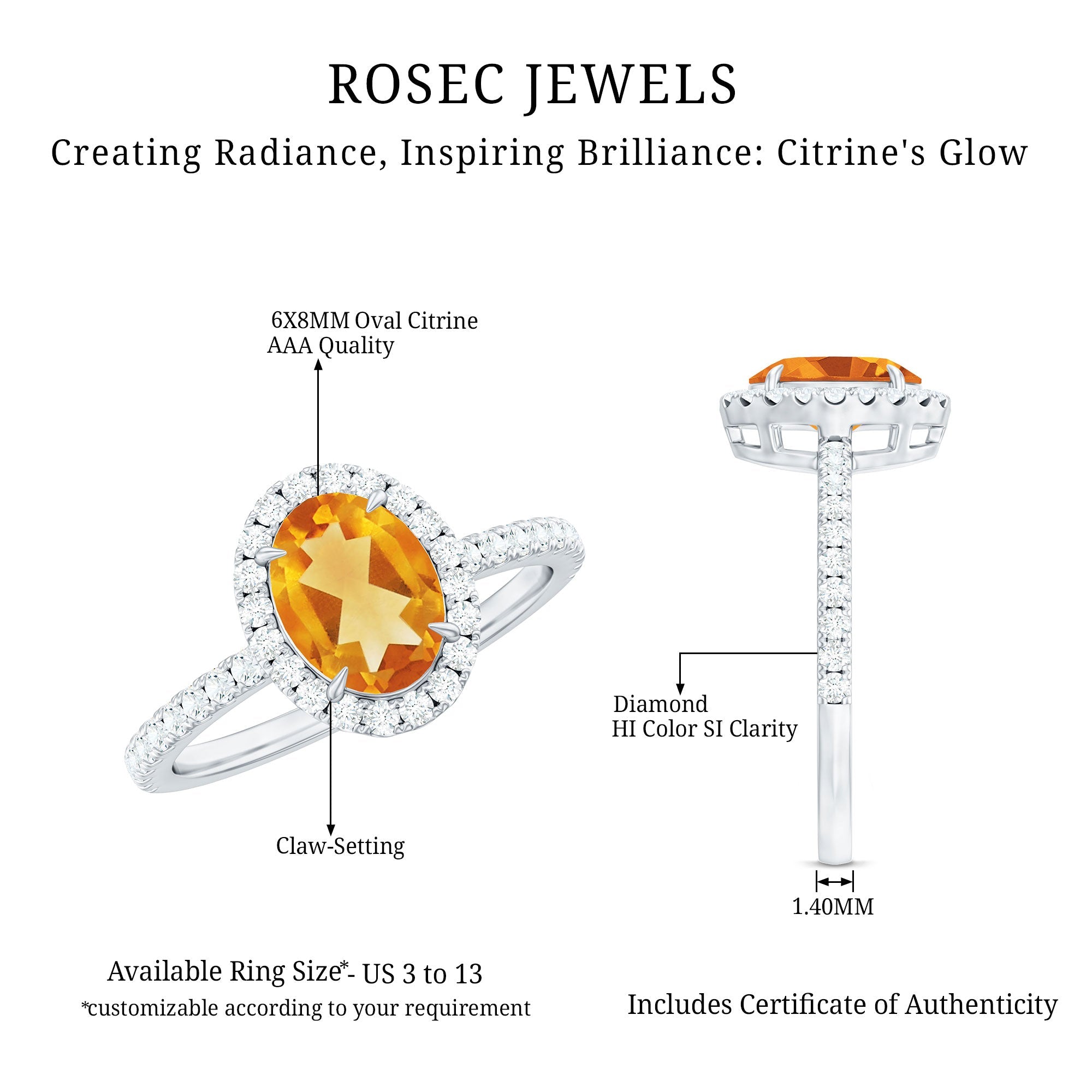 Certified Real 6X8mm Citrine Oval Engagement Ring with Diamond Halo