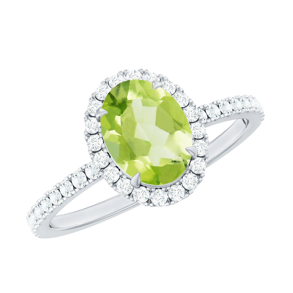 Natural 1 Carat Peridot Oval Engagement Ring with Diamond Halo