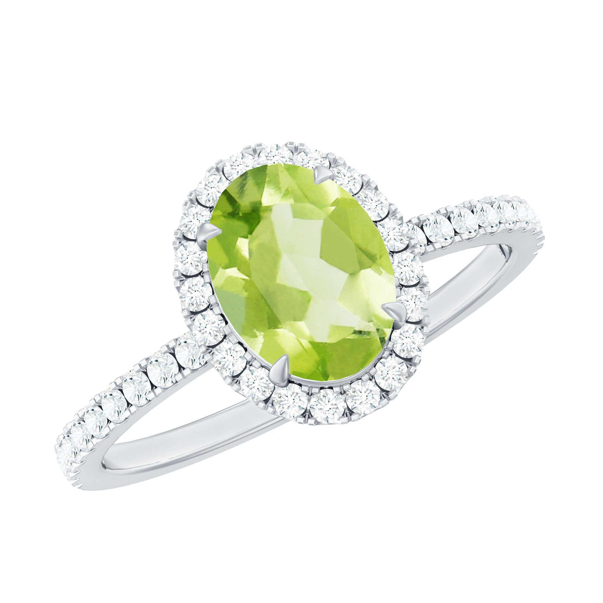 Natural 1 Carat Peridot Oval Engagement Ring with Diamond Halo
