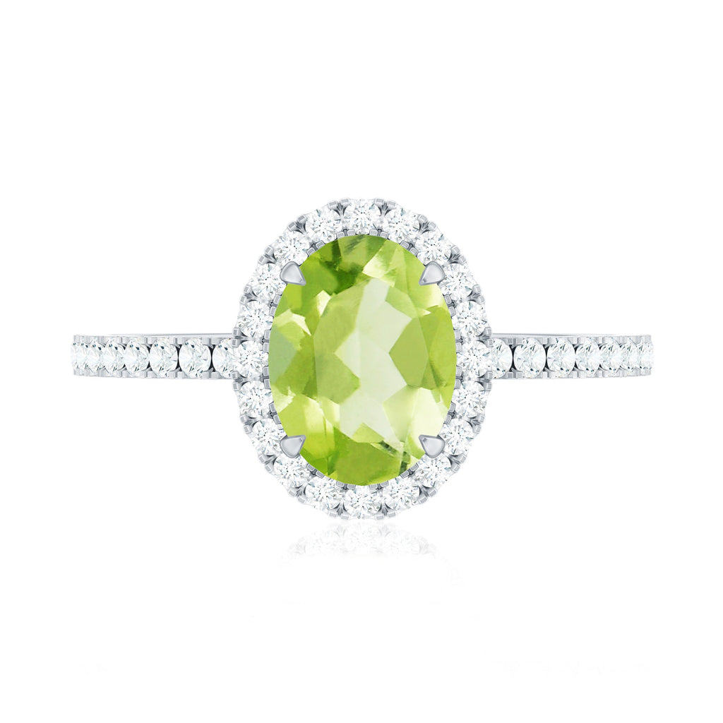 Natural 1 Carat Peridot Oval Engagement Ring with Diamond Halo