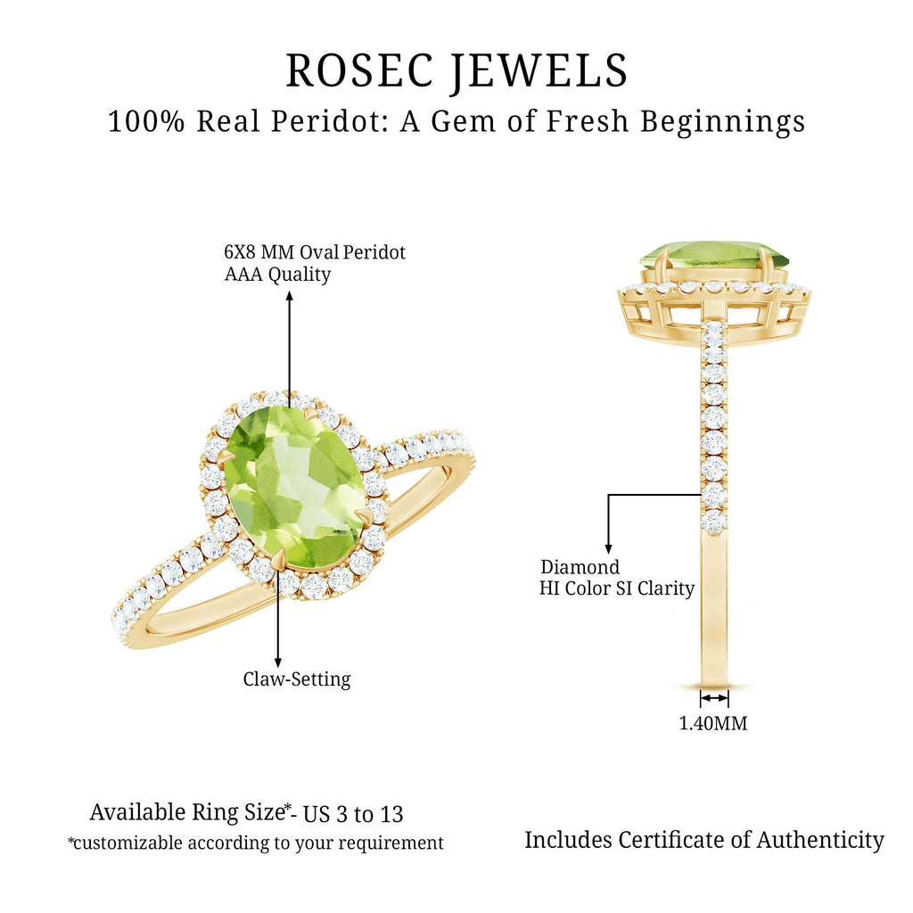 Natural 1 Carat Peridot Oval Engagement Ring with Diamond Halo