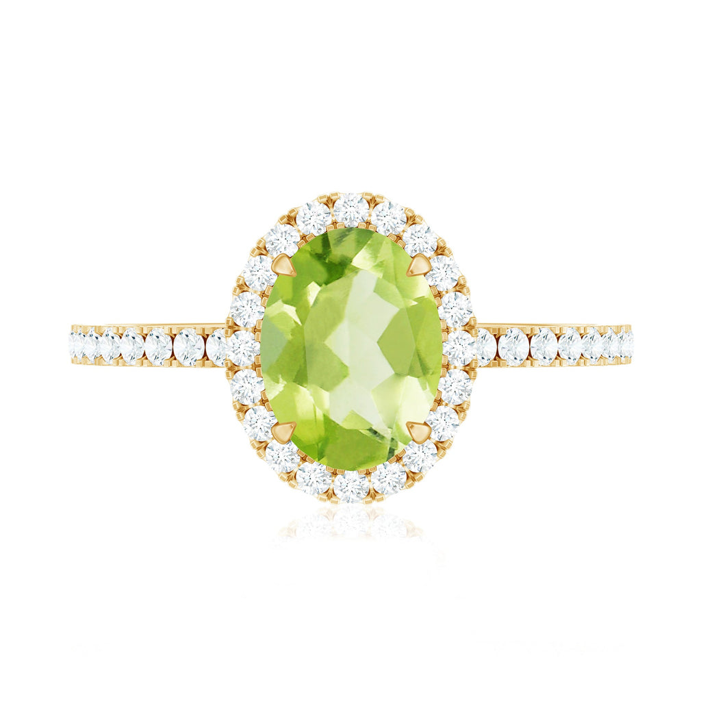 Natural 1 Carat Peridot Oval Engagement Ring with Diamond Halo