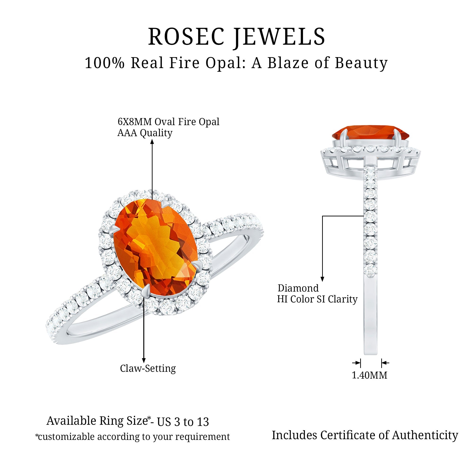 Oval 6X8MM Fire Opal Engagement Ring with Diamond Halo